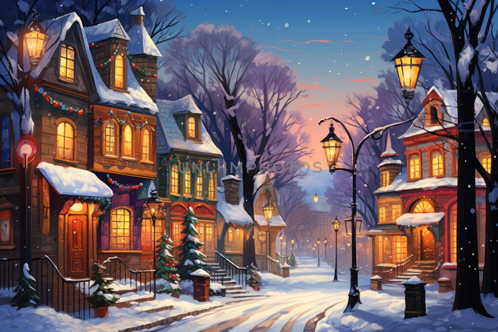 An evocative representation of urban life during winter, focusing on the enchanting vistas of city streets, buildings blanketed in snow, and the warm radiance of streetlights.