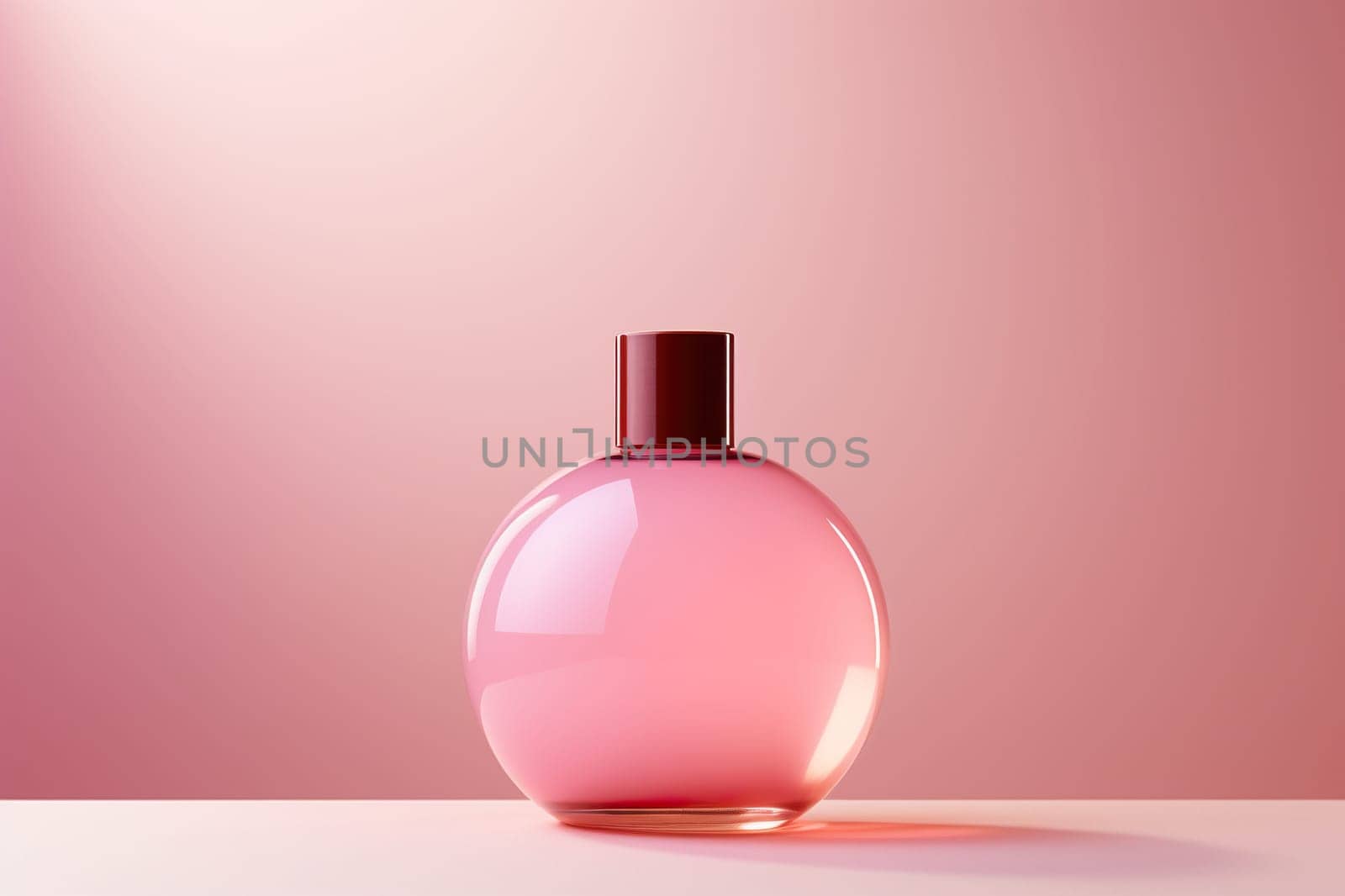 Glass pink bottle of eau de toilette, perfume on a pink background. Perfume. Generated by artificial intelligence by Vovmar