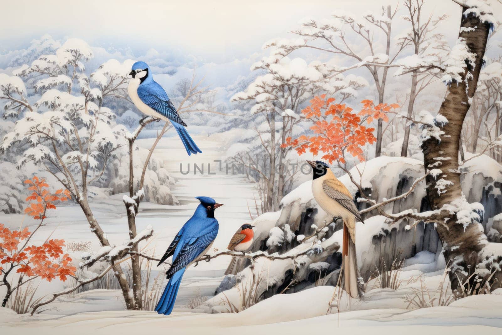 A stunning portrayal of winter's avian beauty, showcasing the artful photography of birds like cardinals, chickadees, and blue jays set against the pristine canvas of snow.