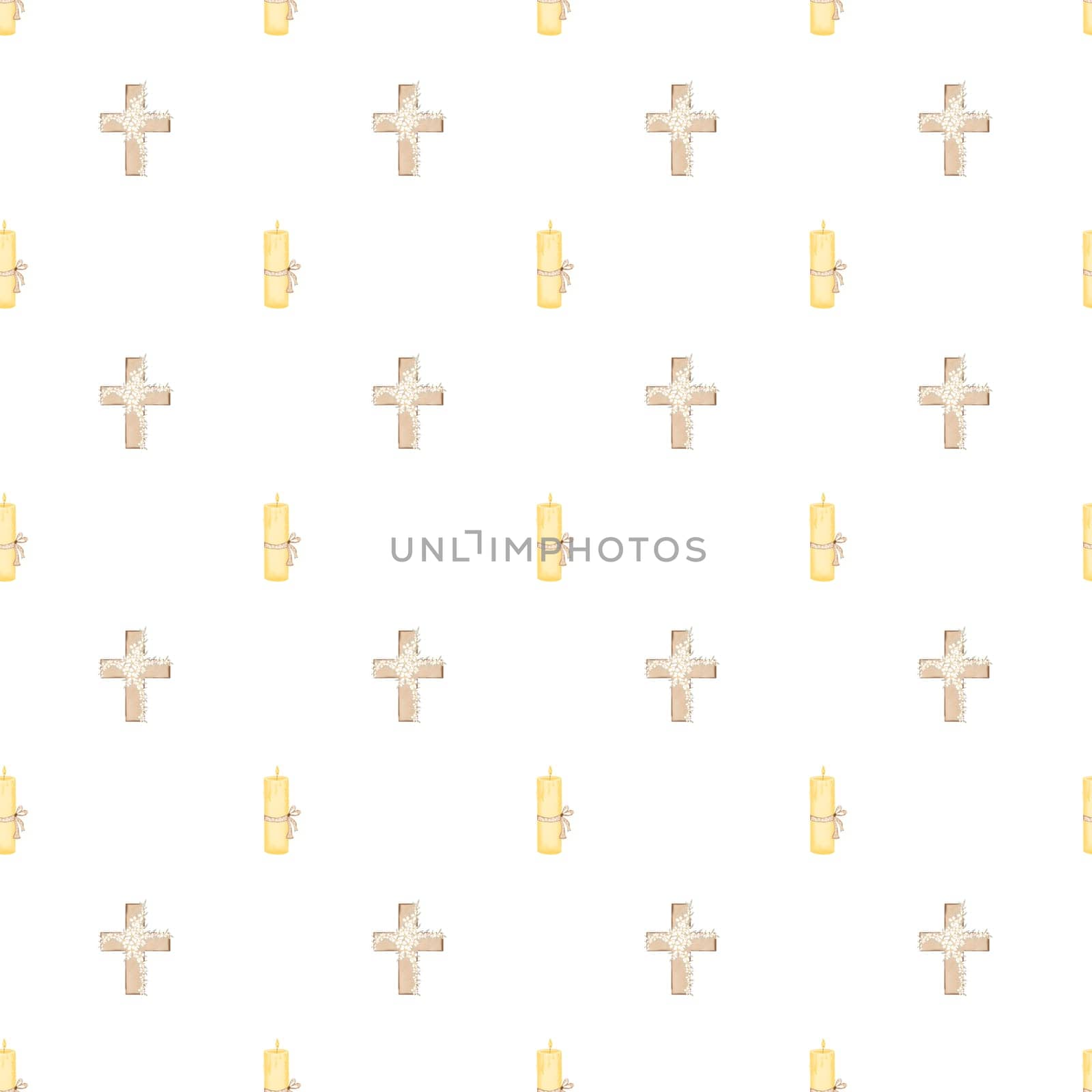 seamless pattern of Orthodox crosses and candle. elegant baby christening pattern for printing on fabric, packaging for Easter cakes, napkins, tablecloths. High quality illustration