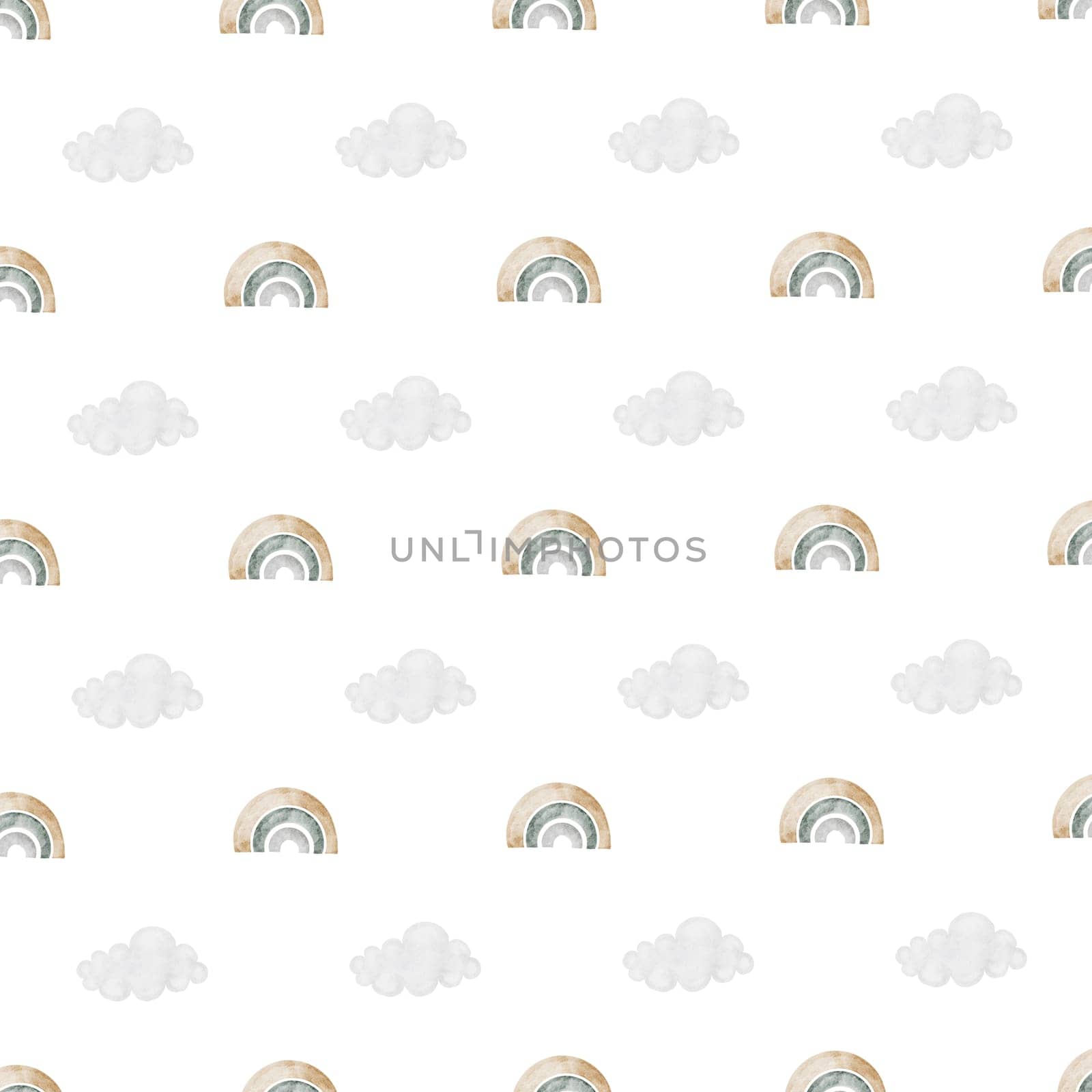 seamless hand-drawn pattern with vintage unicorn clouds rainbow . Elegant pattern for printing on children's linens, pajamas, and packaging for children's clothing. Vintage unicorn in cartoon style on white background. High quality illustration