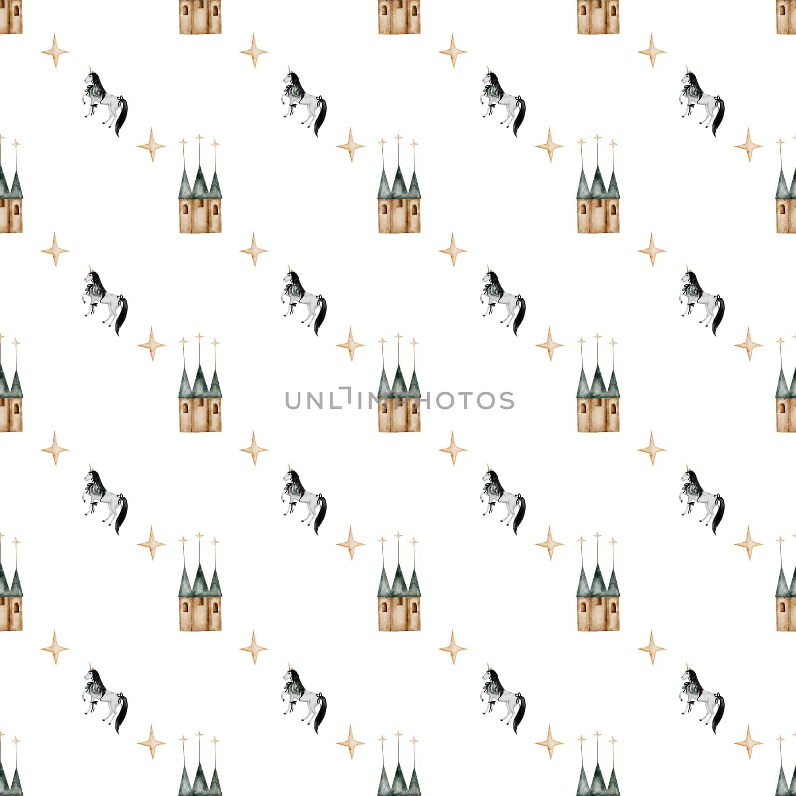 seamless hand-drawn pattern with vintage unicorn stars and castle. Elegant pattern for printing on children's linens, pajamas, and packaging for children's clothing. Vintage unicorn in cartoon style on white background. High quality illustration