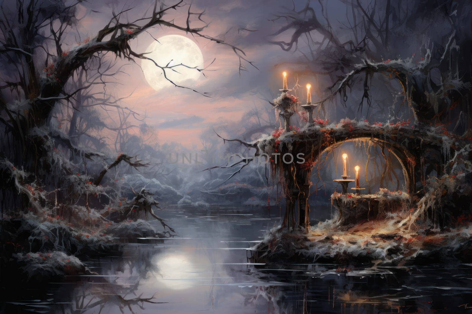 A captivating portrayal of the winter charm, focusing on the creation of cozy and welcoming visuals using the soft glow of candles or lanterns against the snowy backdrop.
