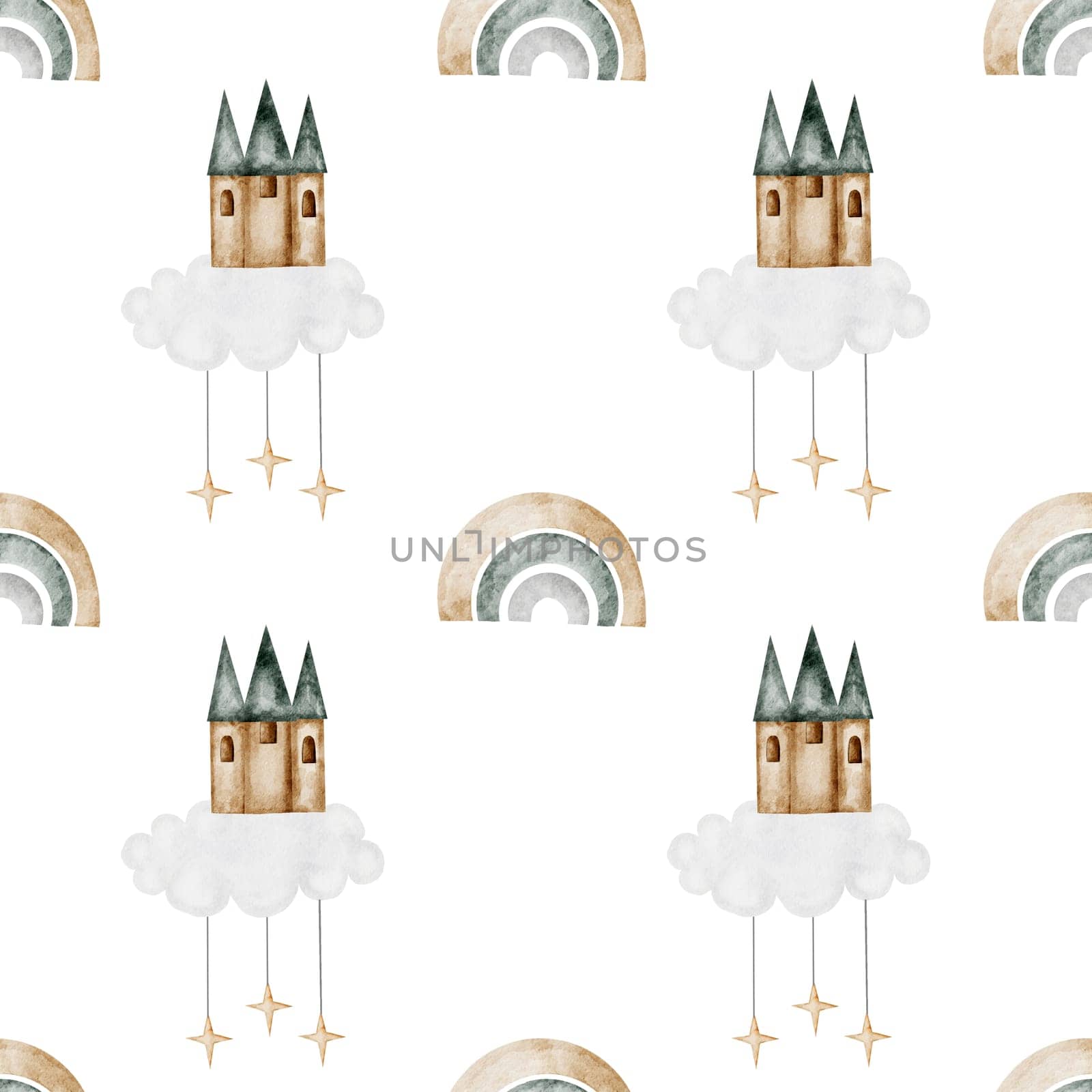 seamless hand-drawn pattern with vintage rainbow ,magic castle. Elegant pattern for printing on children's linens, pajamas, and packaging for children's clothing. Vintage unicorn in cartoon style on white background. High quality illustration