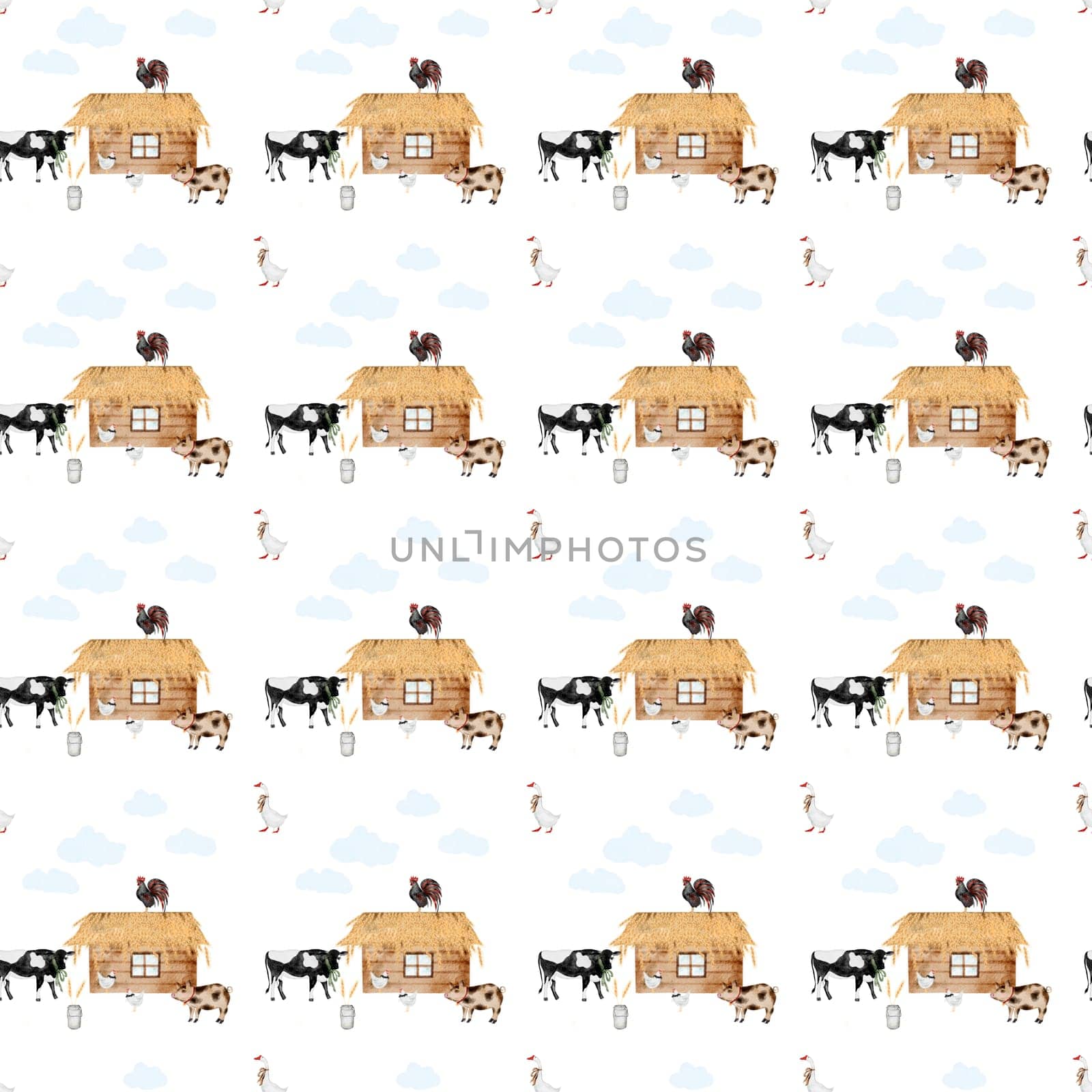 seamless pattern on a rustic theme. barn cow goose pig rooster. children's pattern for printing on textiles, bed linen, blankets and diapers. High quality illustration