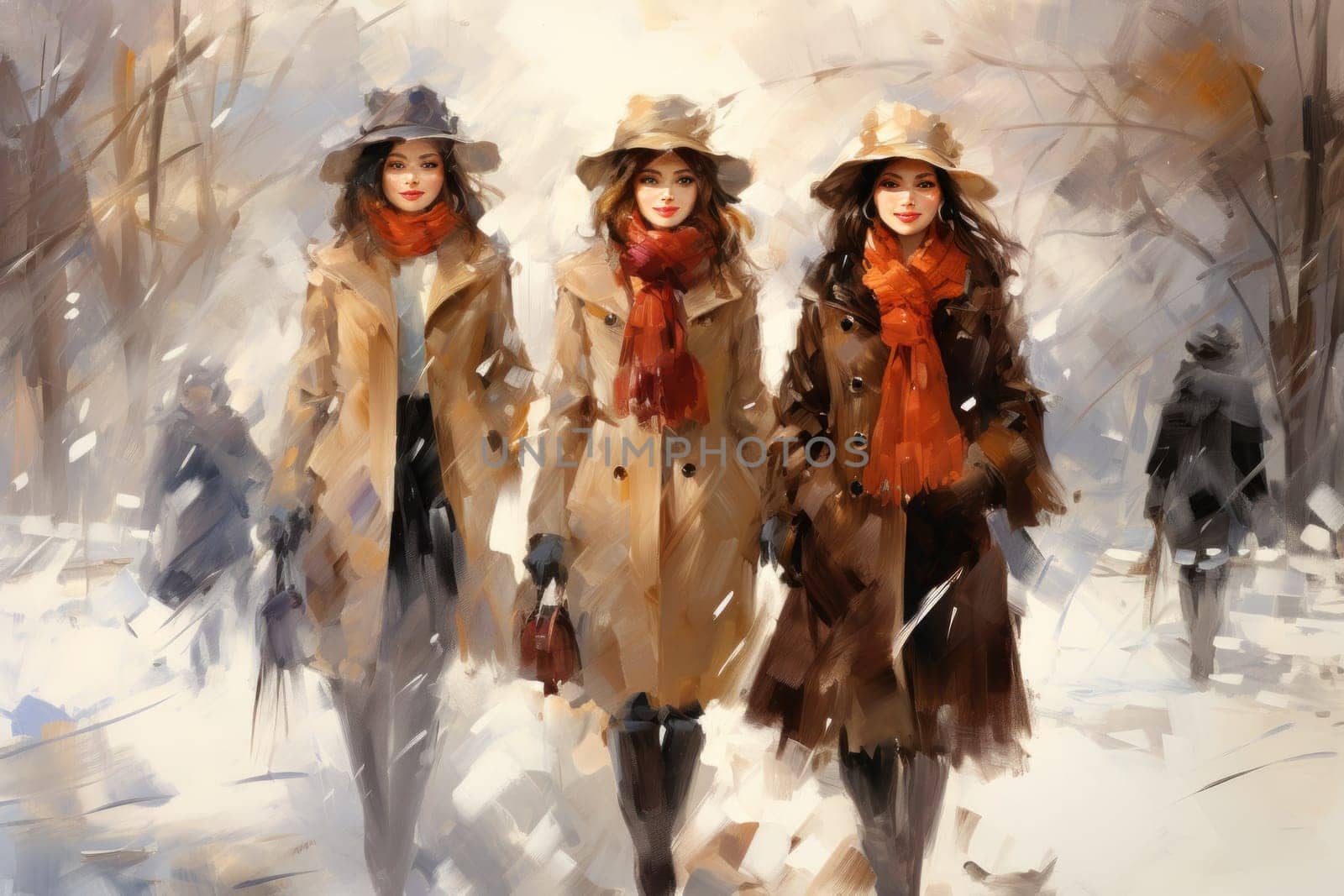 A chic portrayal of the winter season's fashion, highlighting stylish winter attire, including scarves, hats, and coats. This composition captures the elegance and coziness of winter wardrobe.