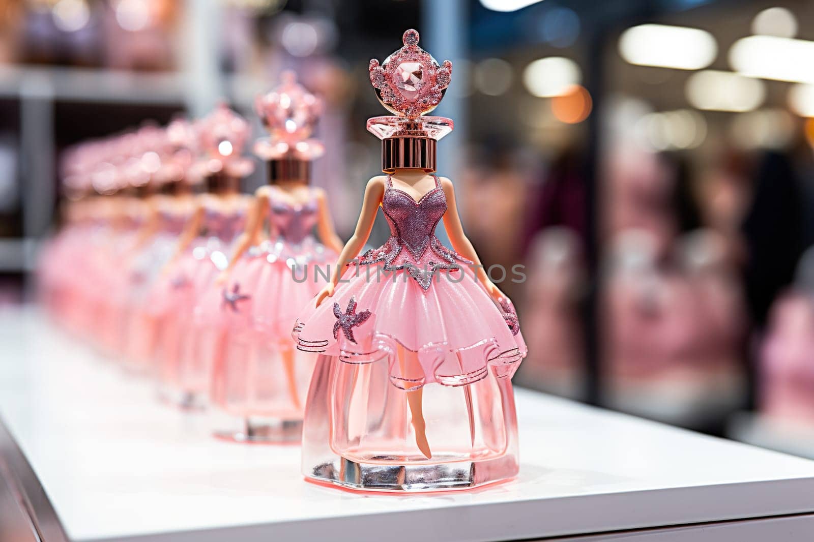 A bottle of perfume in the form of a doll in a fluffy dress on the podium. Cosmetics for little girls.