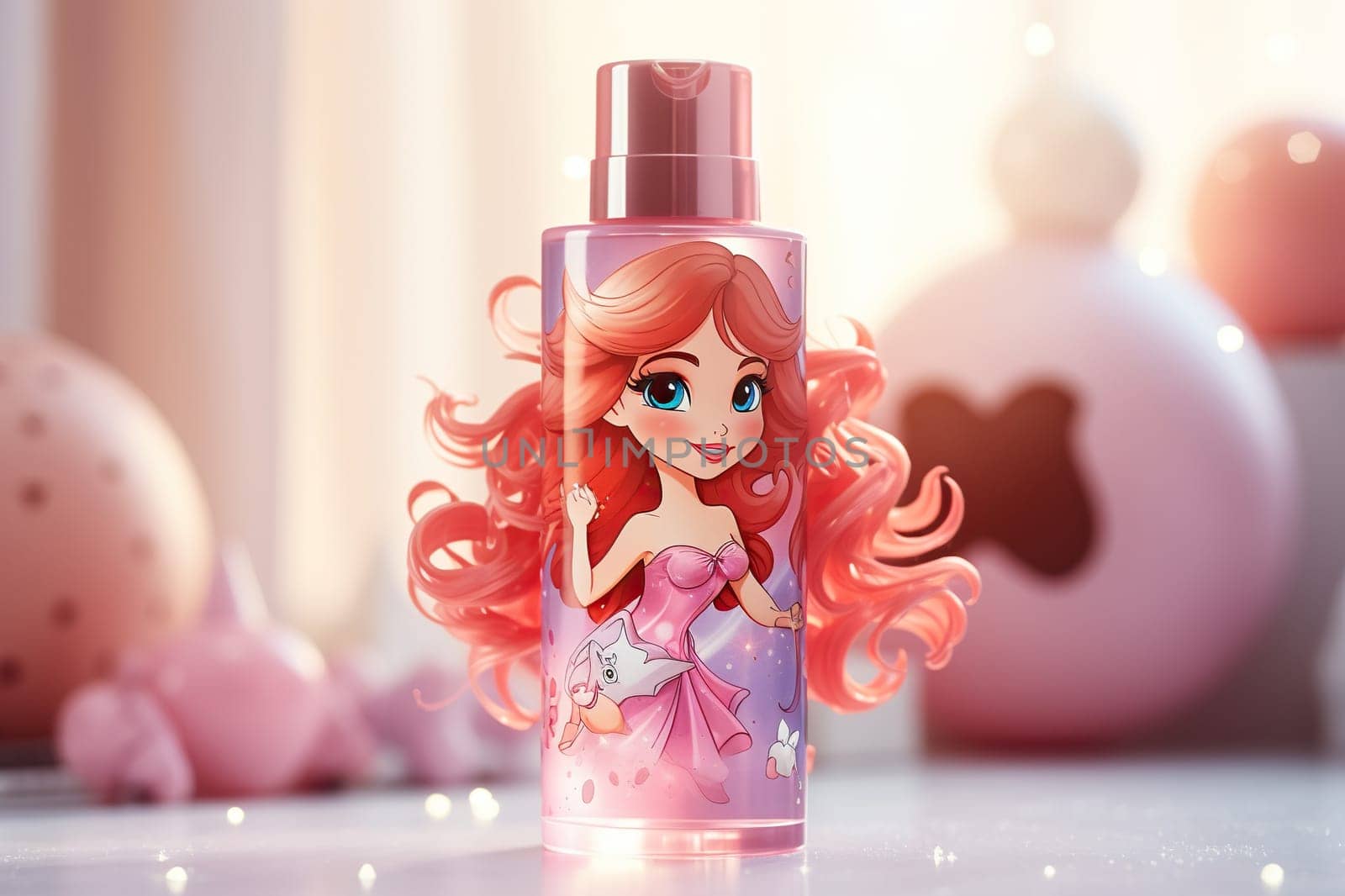 A bottle of perfume with a beautiful pattern for little girls on a blurred background. Children's cosmetics, perfume. Generated by artificial intelligence by Vovmar