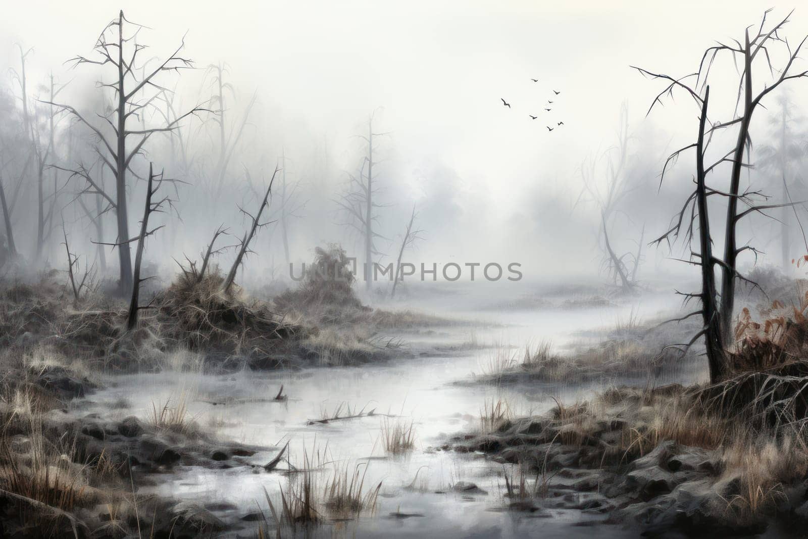 A captivating visual representation of the winter ambiance, focusing on the enigmatic allure of fog and mist enveloping the landscape, especially near bodies of water.