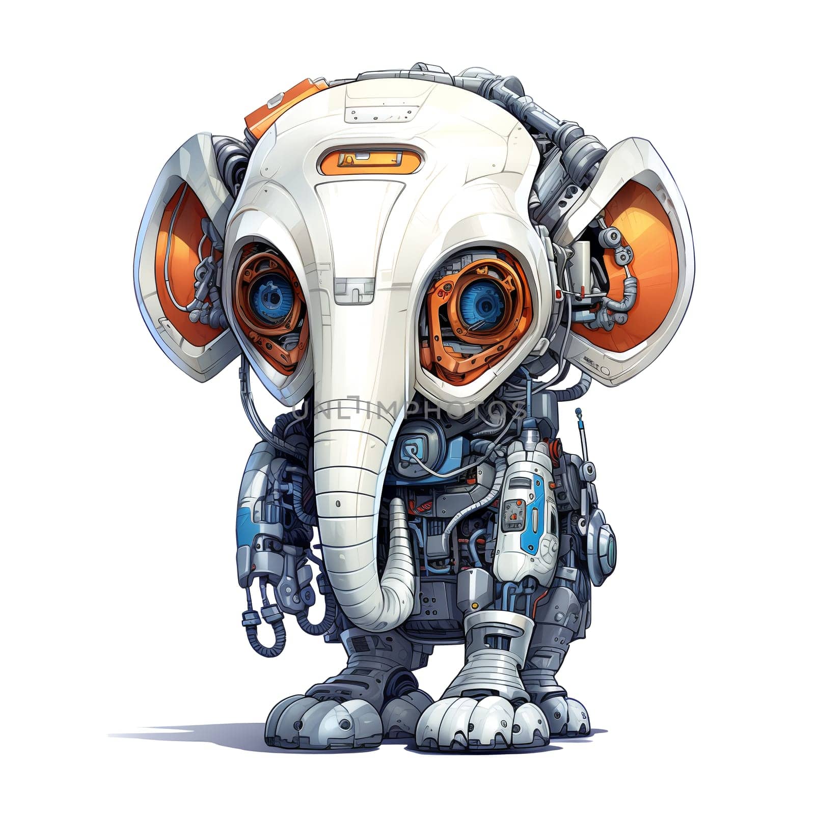 Cartoon elephant robots. T-Shirt, Sticker. Funny cyborg. AI Generated by AndreyKENO