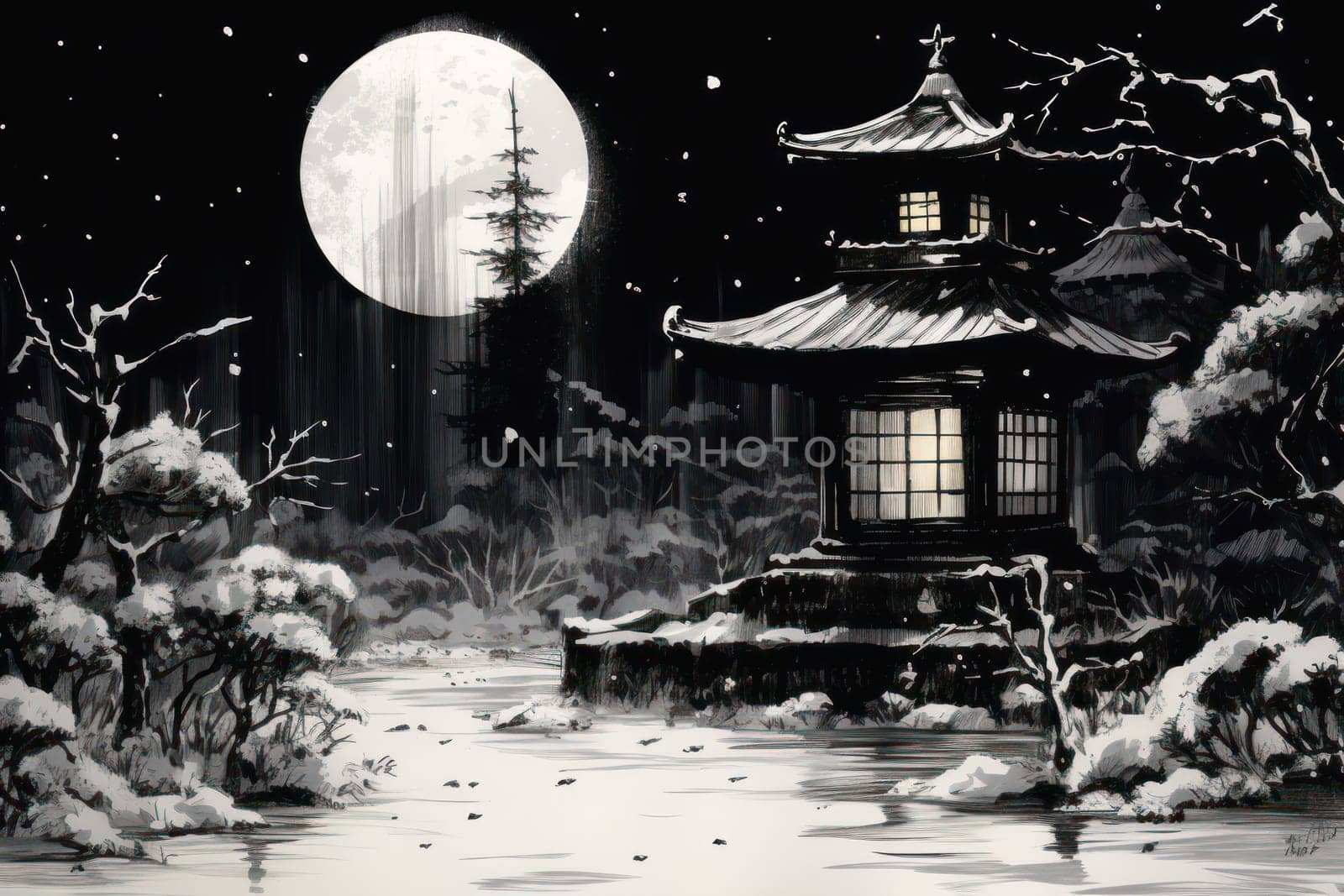 A captivating portrayal of the winter charm, focusing on the creation of cozy and welcoming visuals using the soft glow of candles or lanterns against the snowy backdrop.