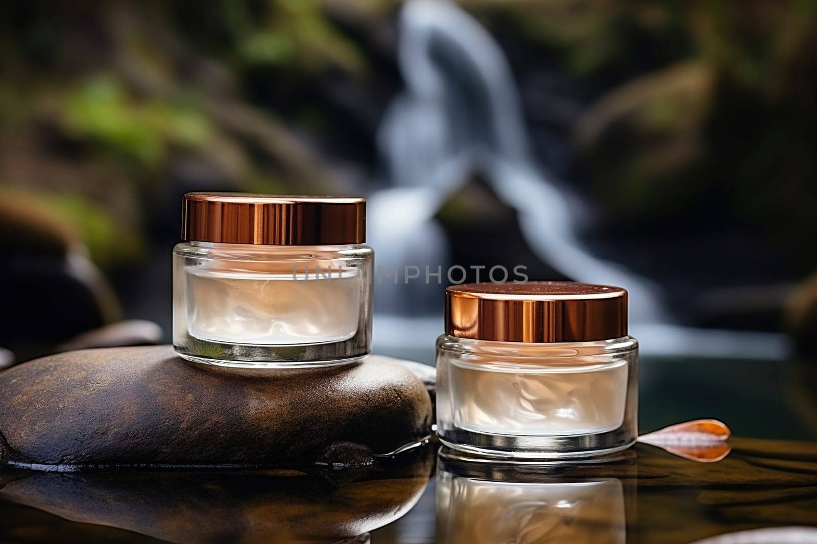 Two jars of cream on a stone on a blurred background with a waterfall. Natural cosmetics concept.