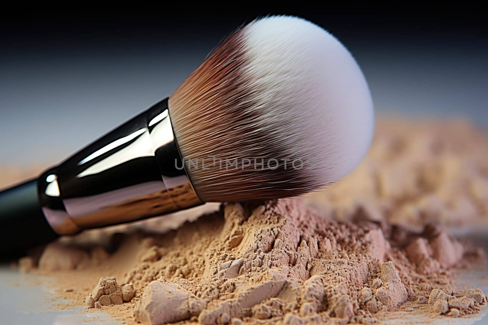 Makeup brush on a pile of powder on a blur background, side view. Makeup concept.