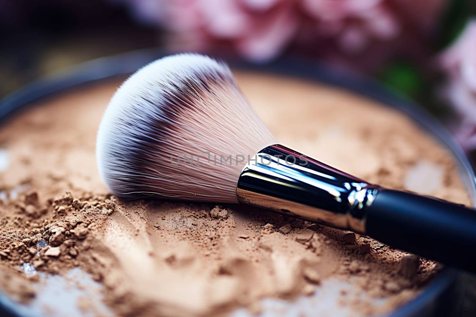 Makeup brush on a pile of powder on a blur background, side view. Makeup concept. Generated by artificial intelligence by Vovmar