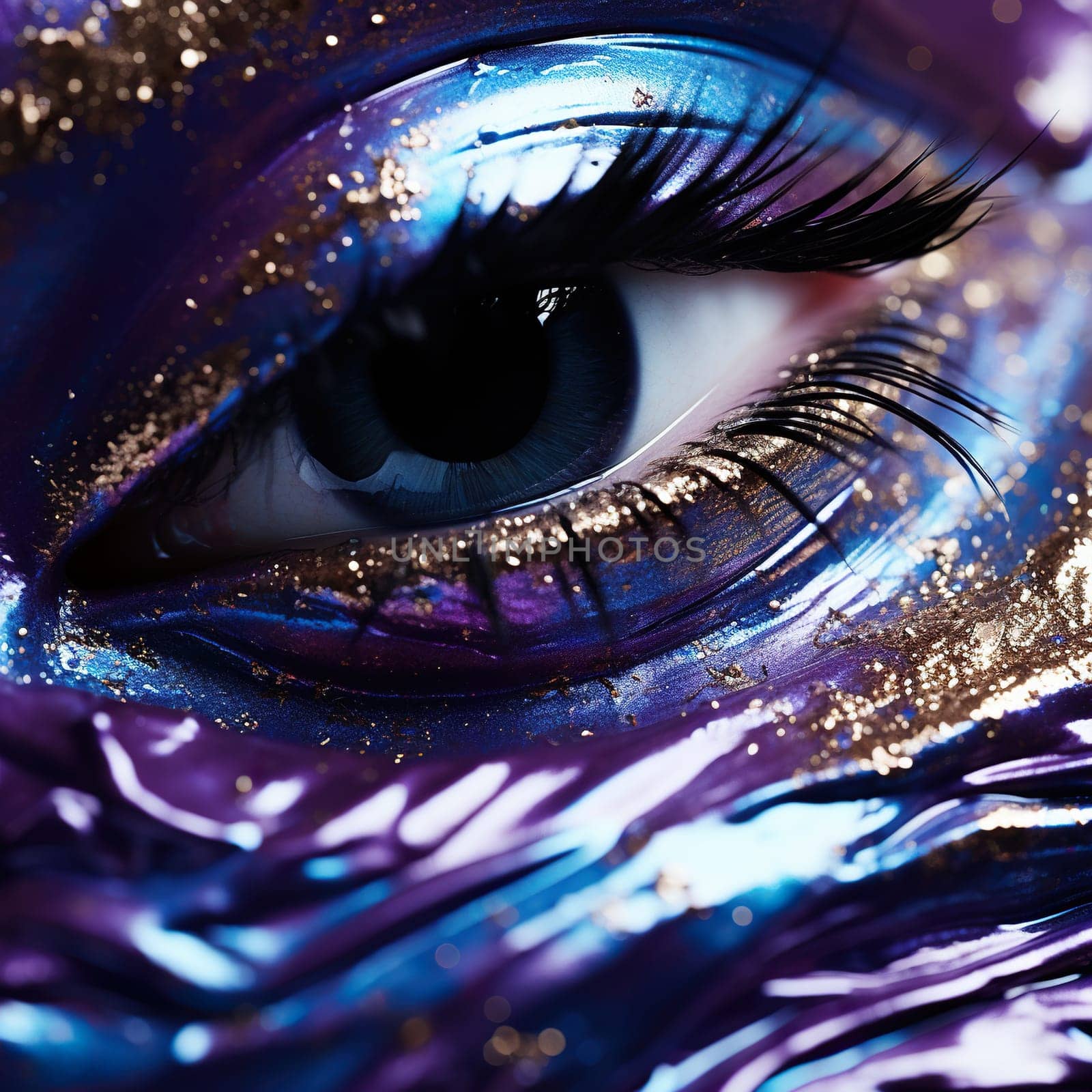 Female eye with liquid eye shadow makeup, close-up. The art of makeup.