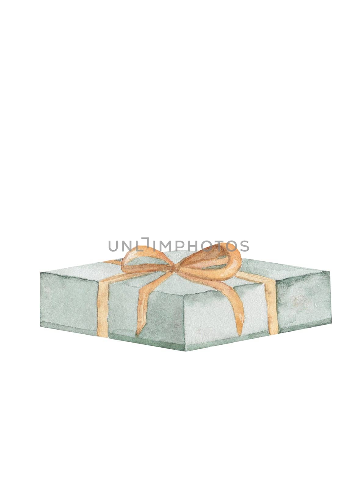 Watercolor drawing of a green gift box with a gold bow on a white background. Isolate for invitations and greeting cards for holidays and birthdays. by TatyanaTrushcheleva