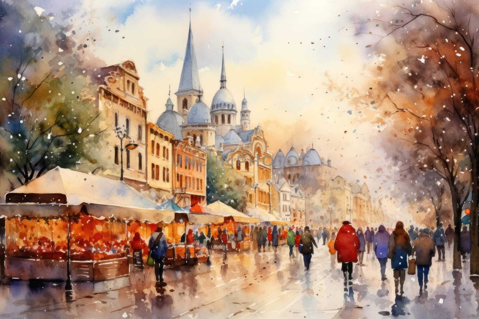 A vibrant depiction of the holiday spirit, capturing the lively ambiance of bustling markets and fairs adorned with festive decorations.