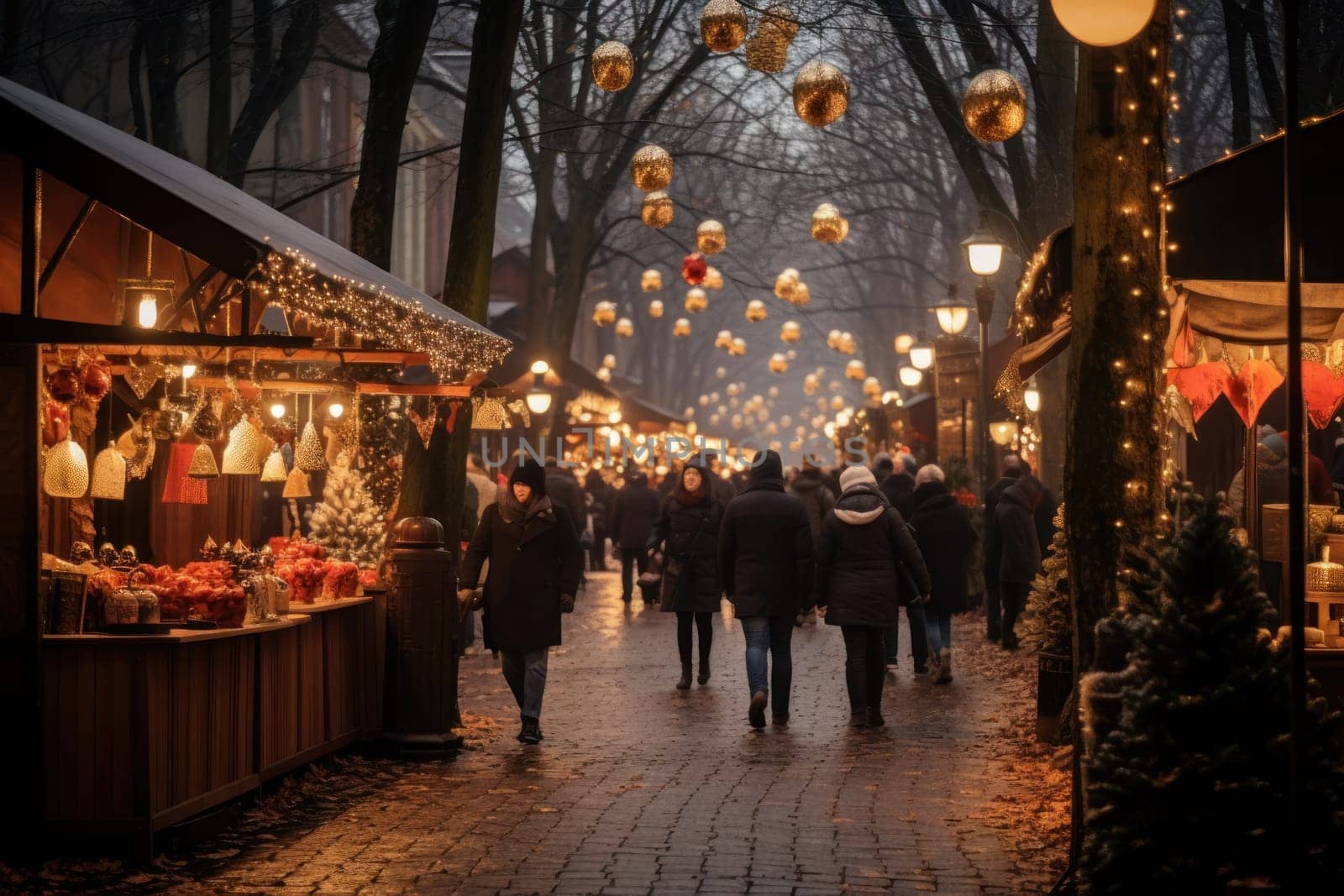 A vibrant depiction of the holiday spirit, capturing the lively ambiance of bustling markets and fairs adorned with festive decorations.