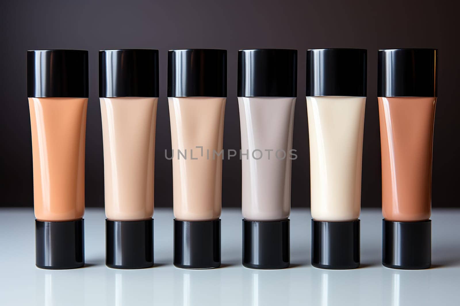 Tubes without inscriptions with different shades of foundation. Makeup cosmetics.