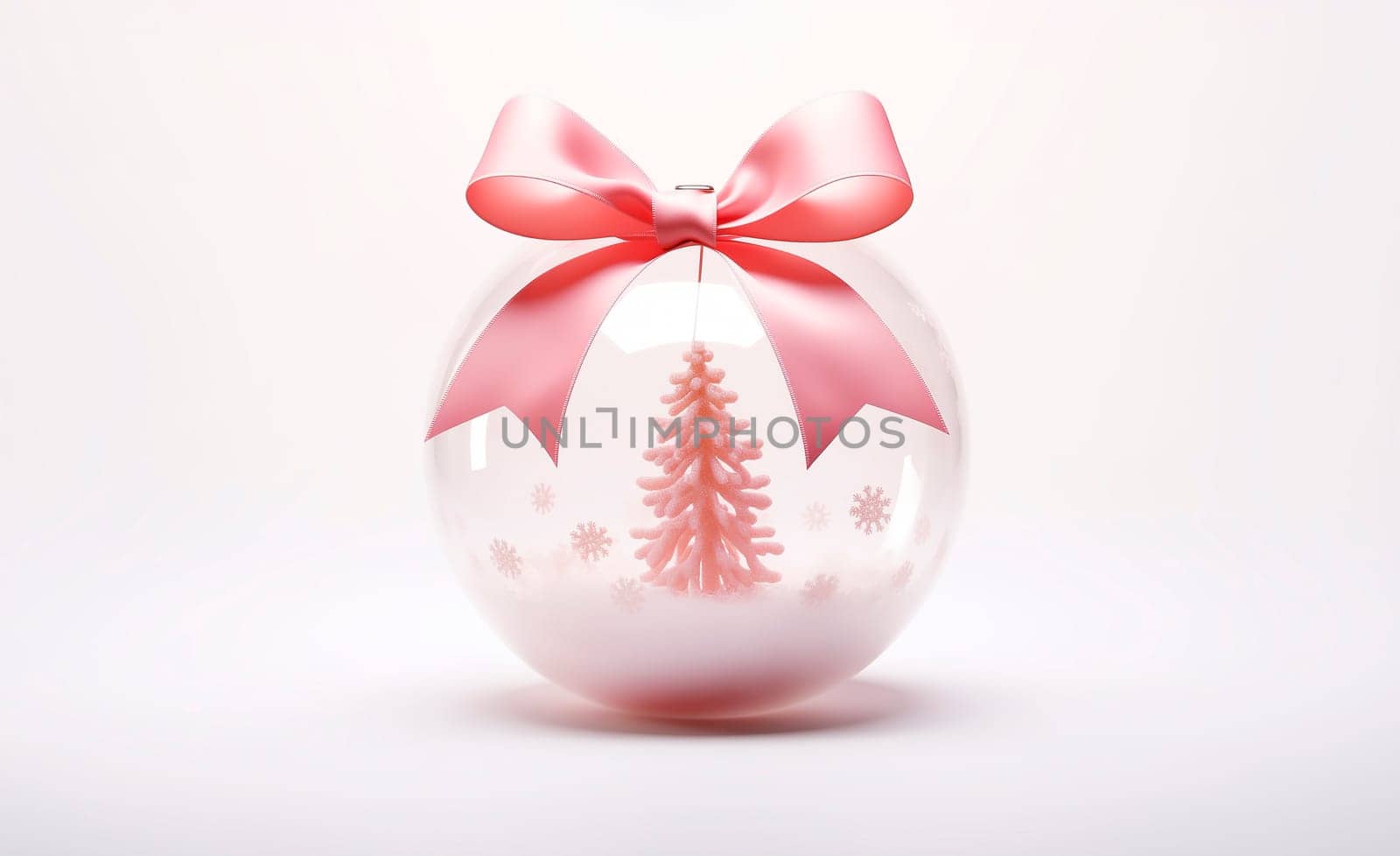 Closeup Christmas Pink Transparent Decoration Ball, Bauble with Pink Ribbon and Bow, Snow Flakes, Pink Christmas Tree Inside on White Background With copy space. AI Generated High quality photo