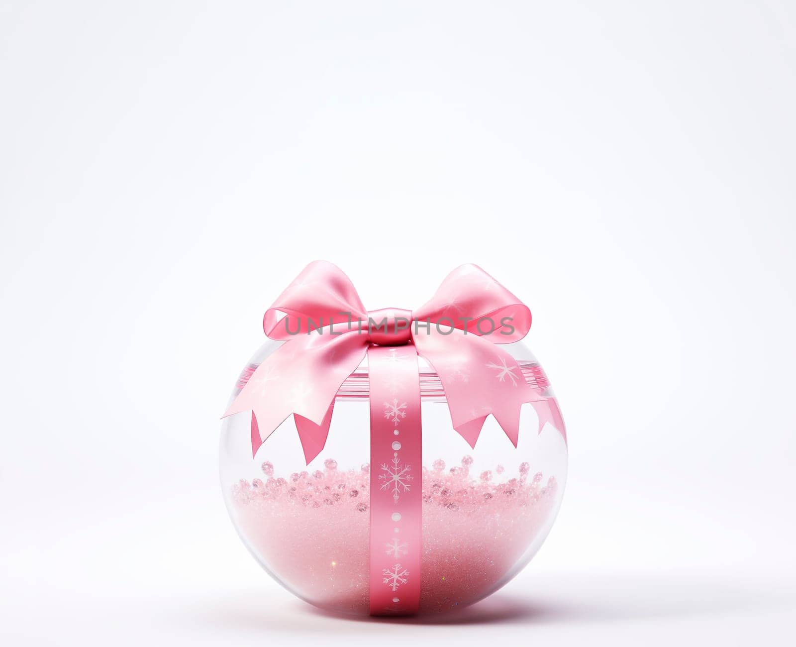Isolated Pink Christmas Ball With Ribbon And Bow On White Gray Background. New Year Decoration. Ai Generated. Copy Space For Text. Horizontal. Xmas Tree Toy. New Year's Eve Celebration. High quality photo