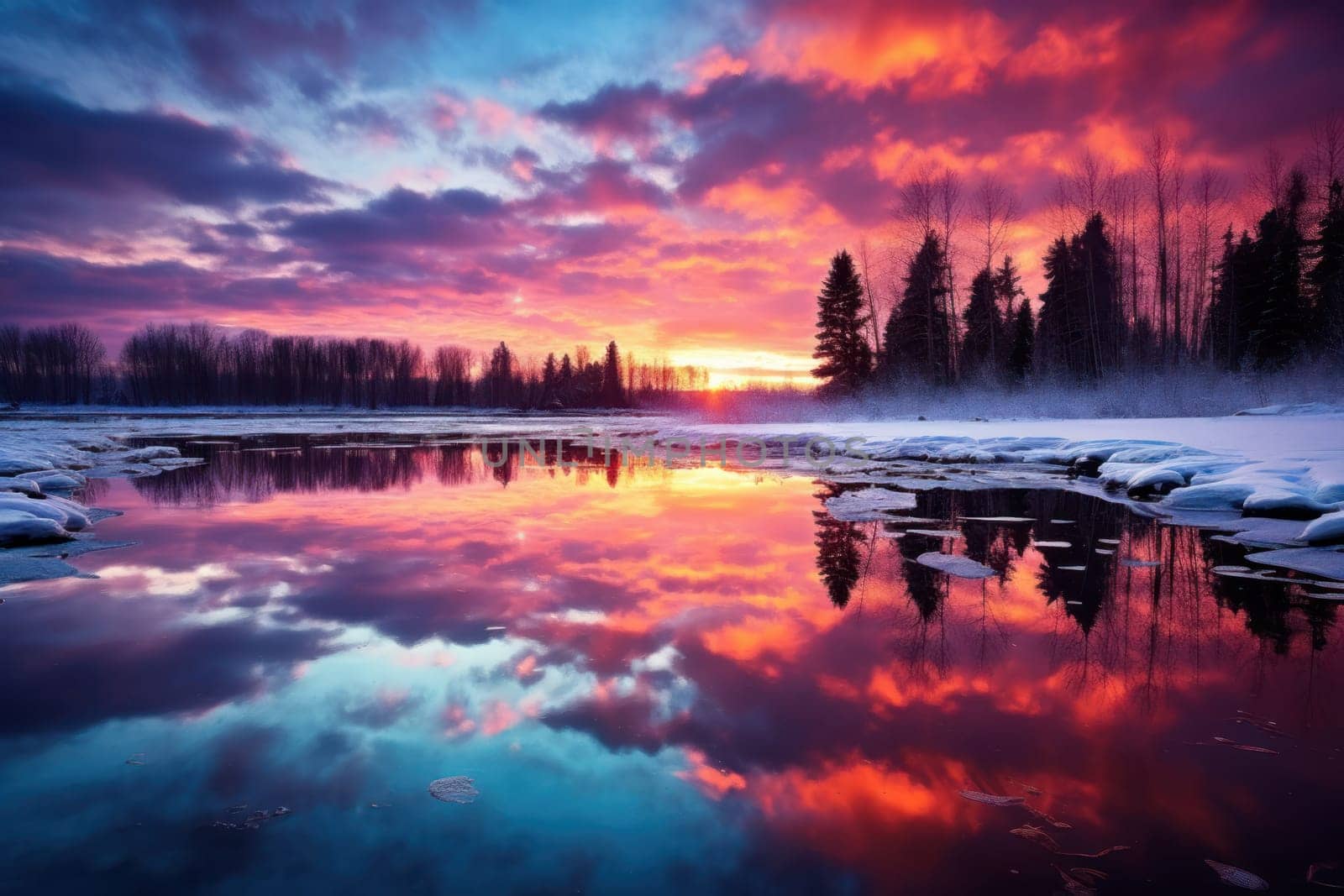 An exquisite visual representation of the winter skies, highlighting the unique color schemes and breathtaking beauty brought by the low-angled sun during winter sunrises and sunsets.