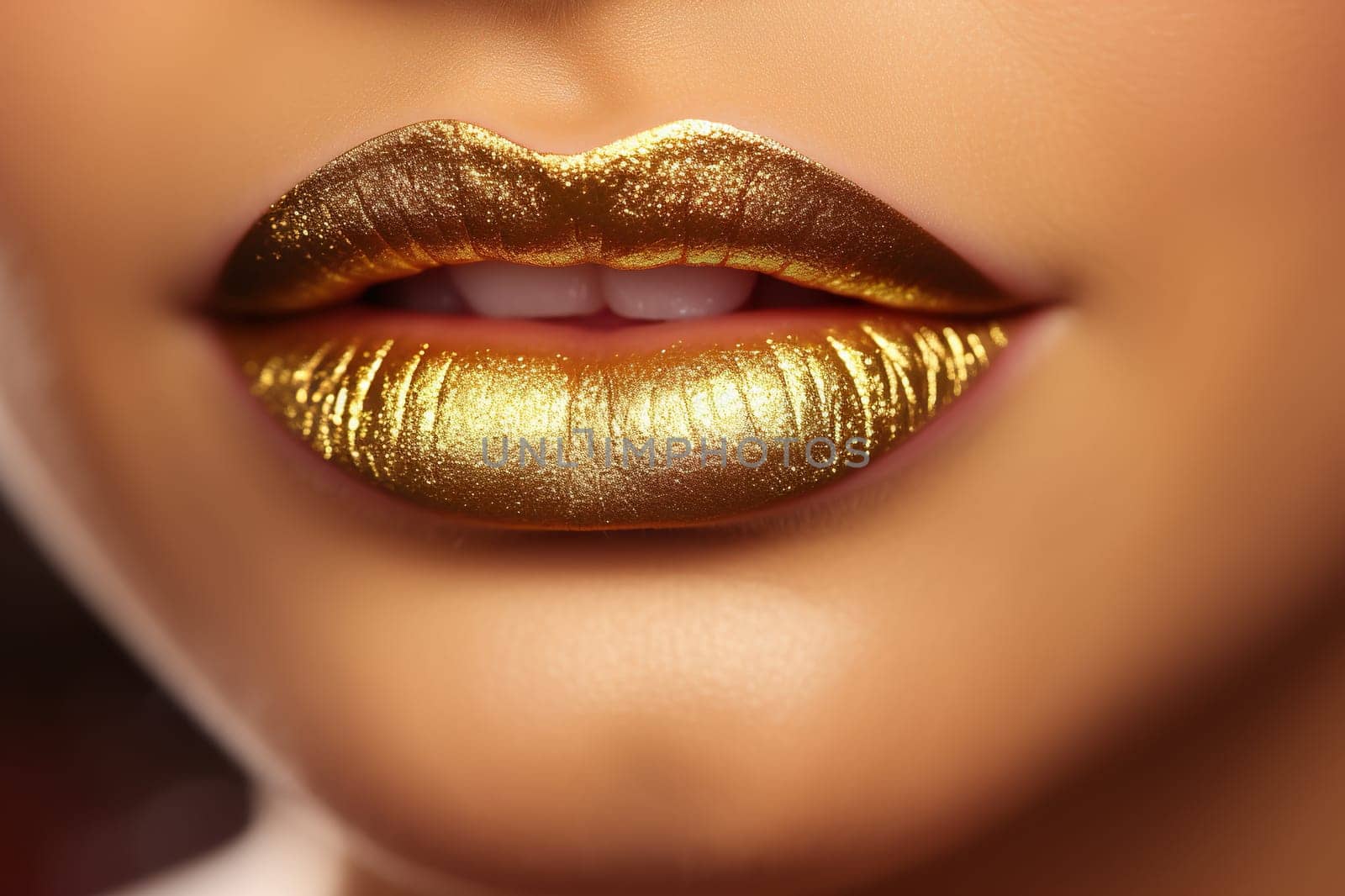 Gold bright lip makeup for a party. Model makeup. Lip makeup concept