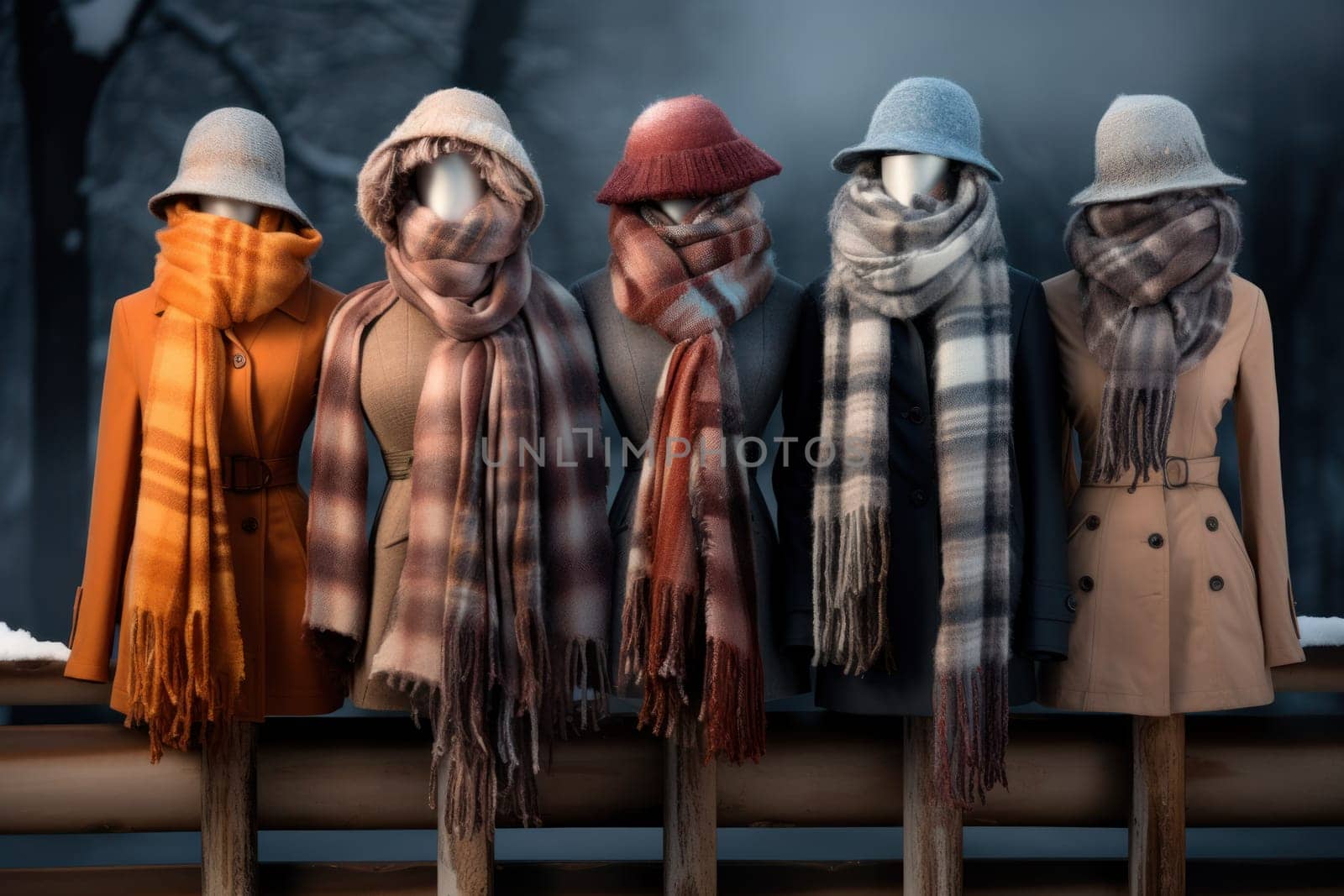 A chic portrayal of the winter season's fashion, highlighting stylish winter attire, including scarves, hats, and coats. This composition captures the elegance and coziness of winter wardrobe.