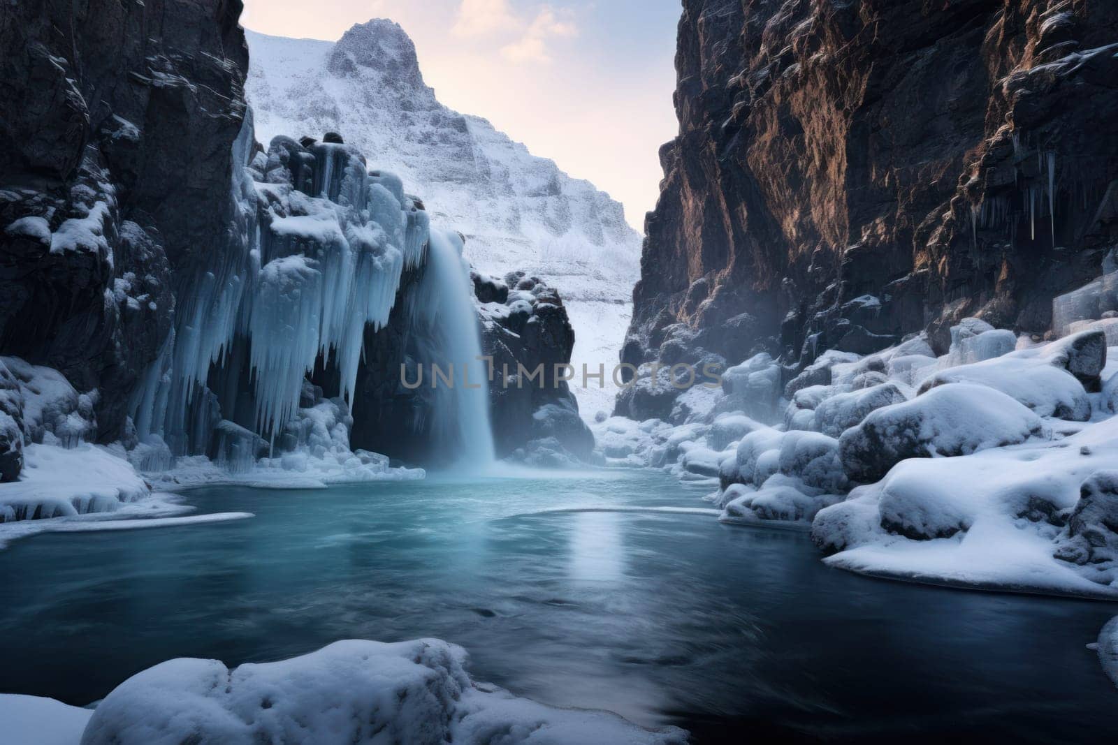 A mesmerizing display of the winter landscape, focusing on the distinctive and captivating frozen waterfalls found in chilly regions.