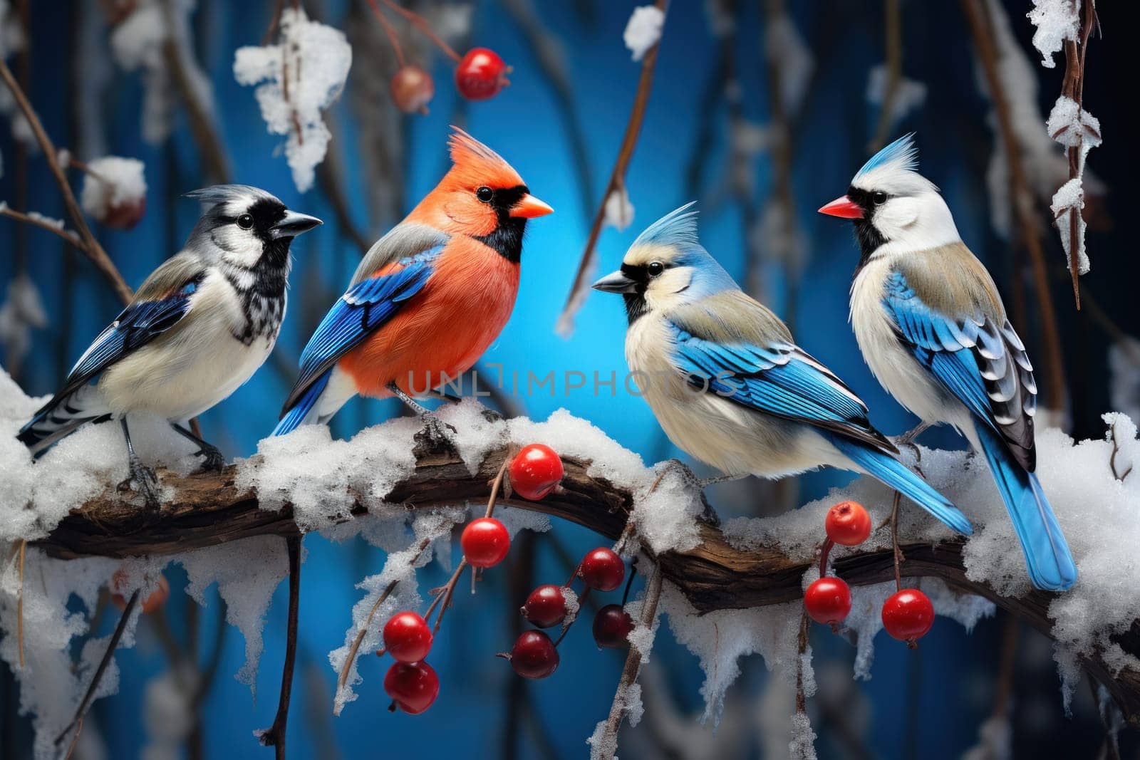 A stunning portrayal of winter's avian beauty, showcasing the artful photography of birds like cardinals, chickadees, and blue jays set against the pristine canvas of snow.