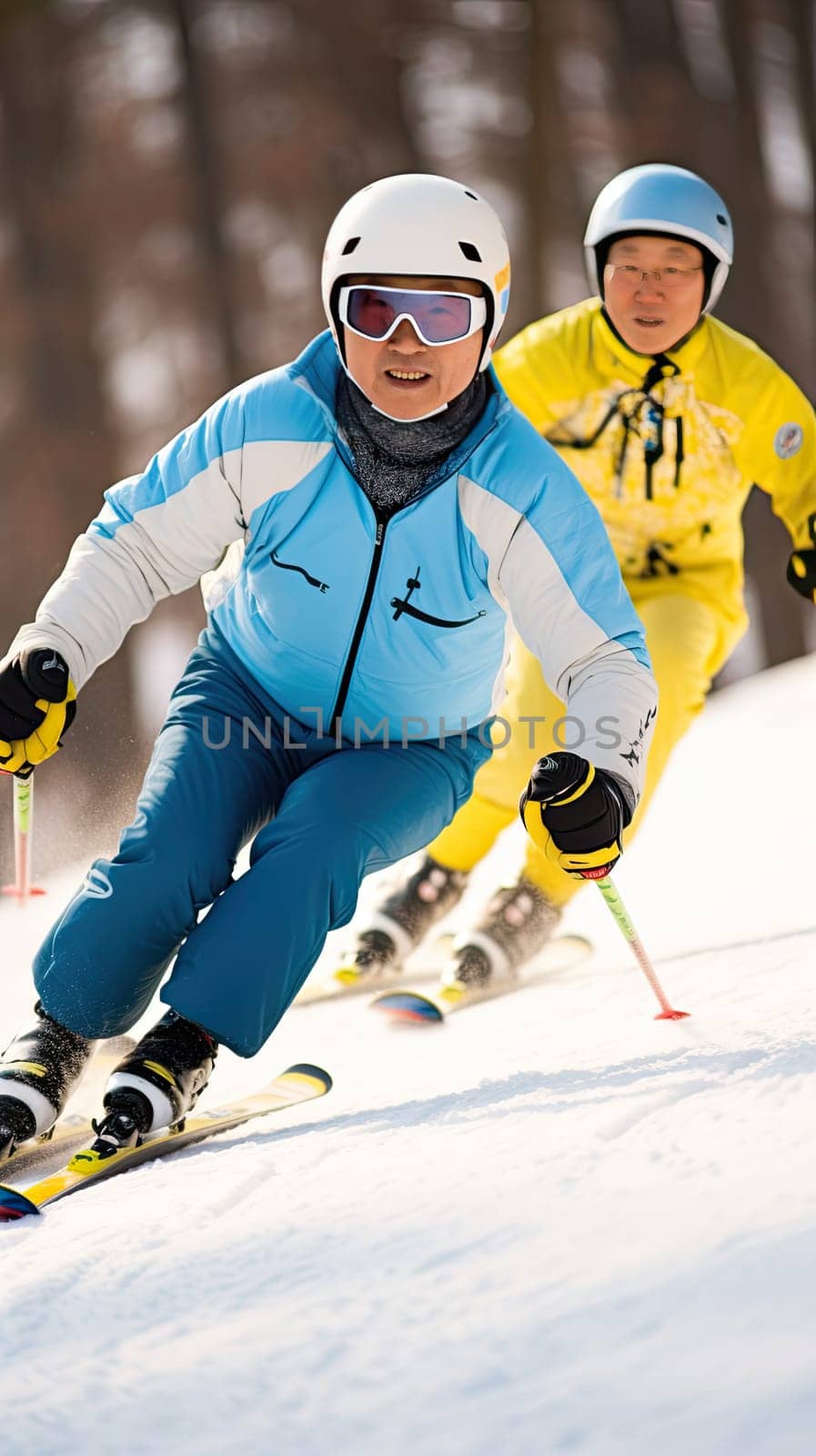 Portrait of couple of active senior chinese men skiing by papatonic