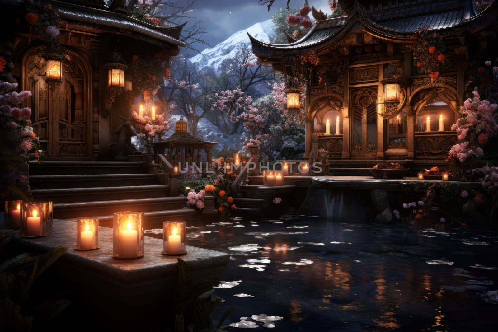 A captivating portrayal of the winter charm, focusing on the creation of cozy and welcoming visuals using the soft glow of candles or lanterns against the snowy backdrop.