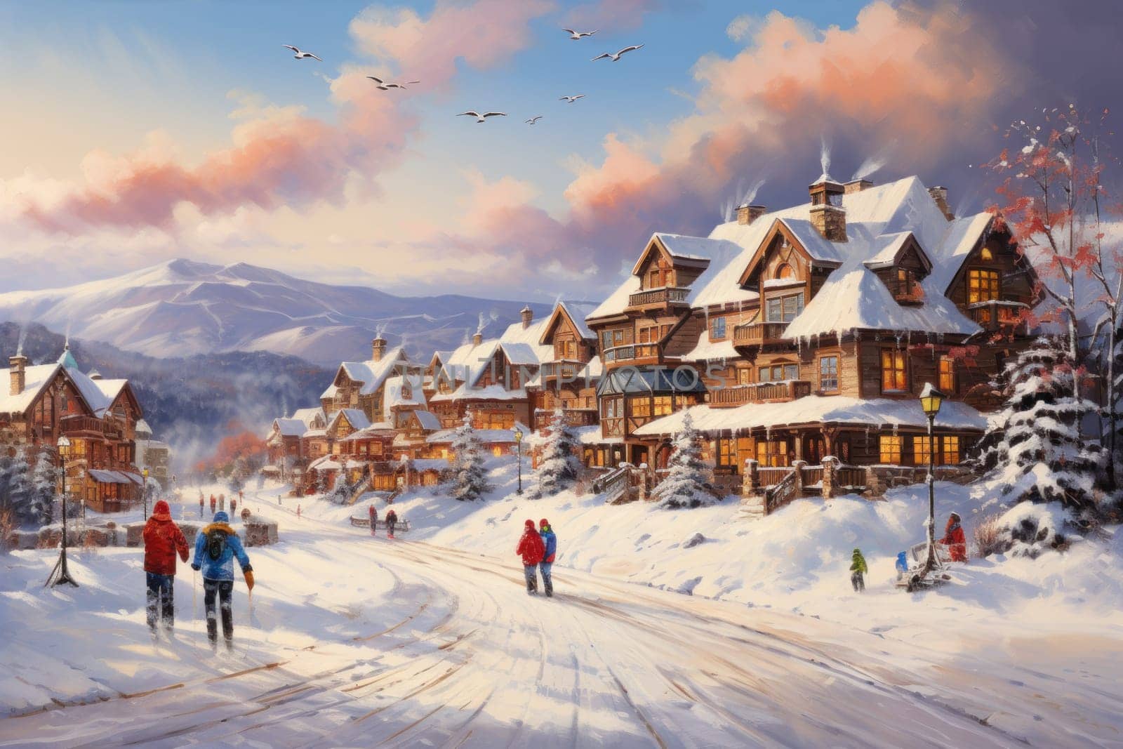 A dynamic portrayal of the winter wonderland at ski resorts, capturing the exhilaration and scenic beauty.