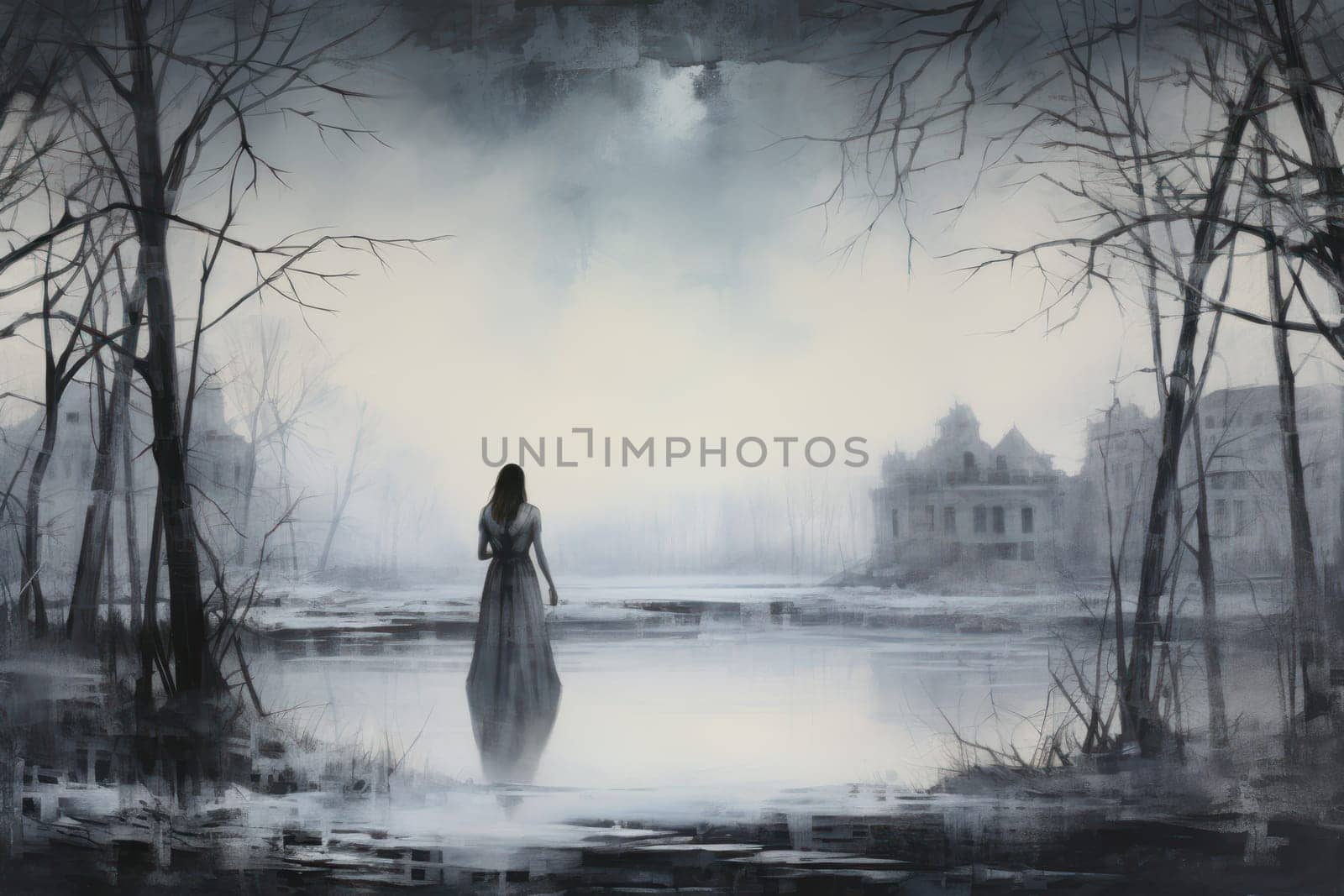 A captivating visual representation of the winter ambiance, focusing on the enigmatic allure of fog and mist enveloping the landscape, especially near bodies of water.