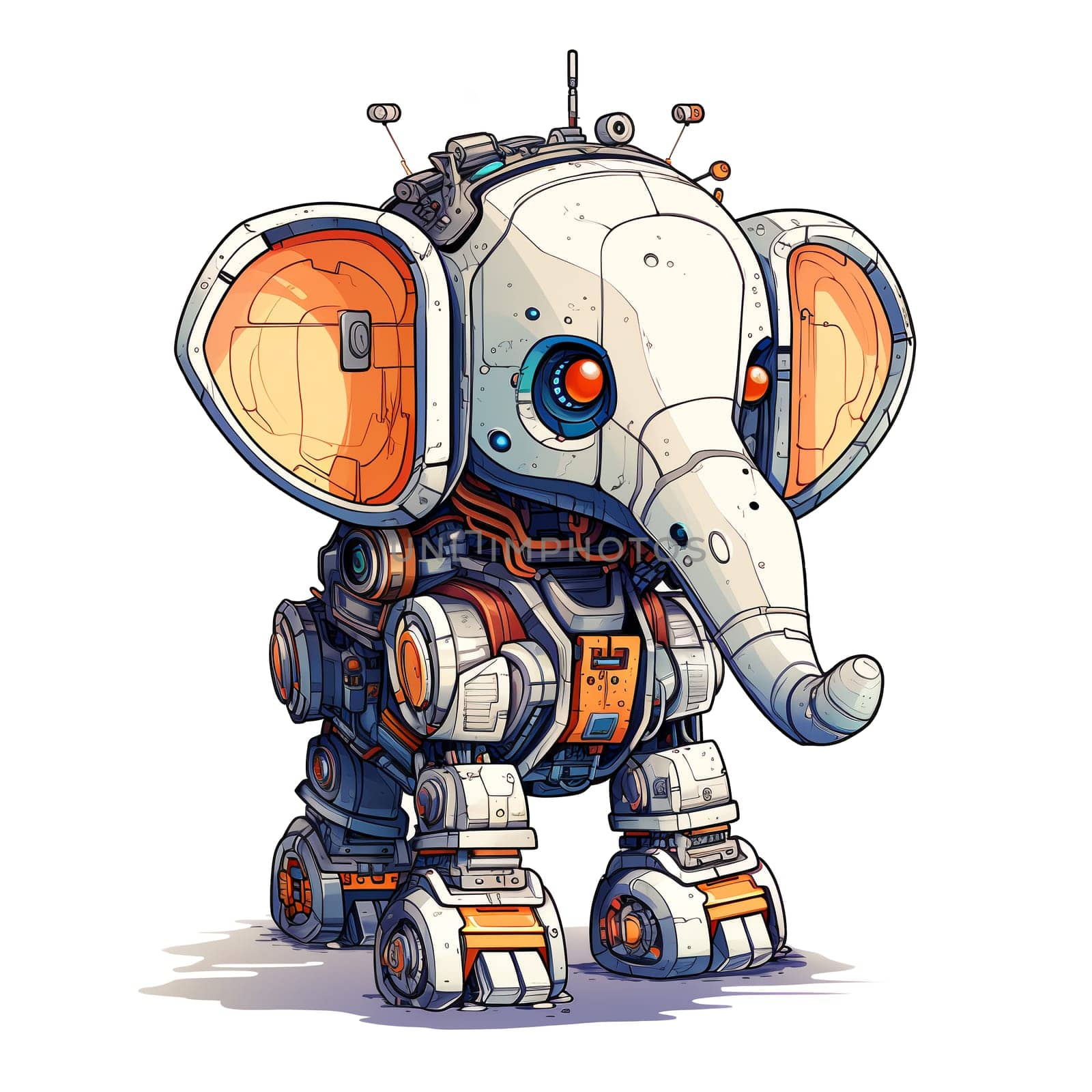 Cartoon elephant robots. T-Shirt, Sticker. Funny cyborg. 