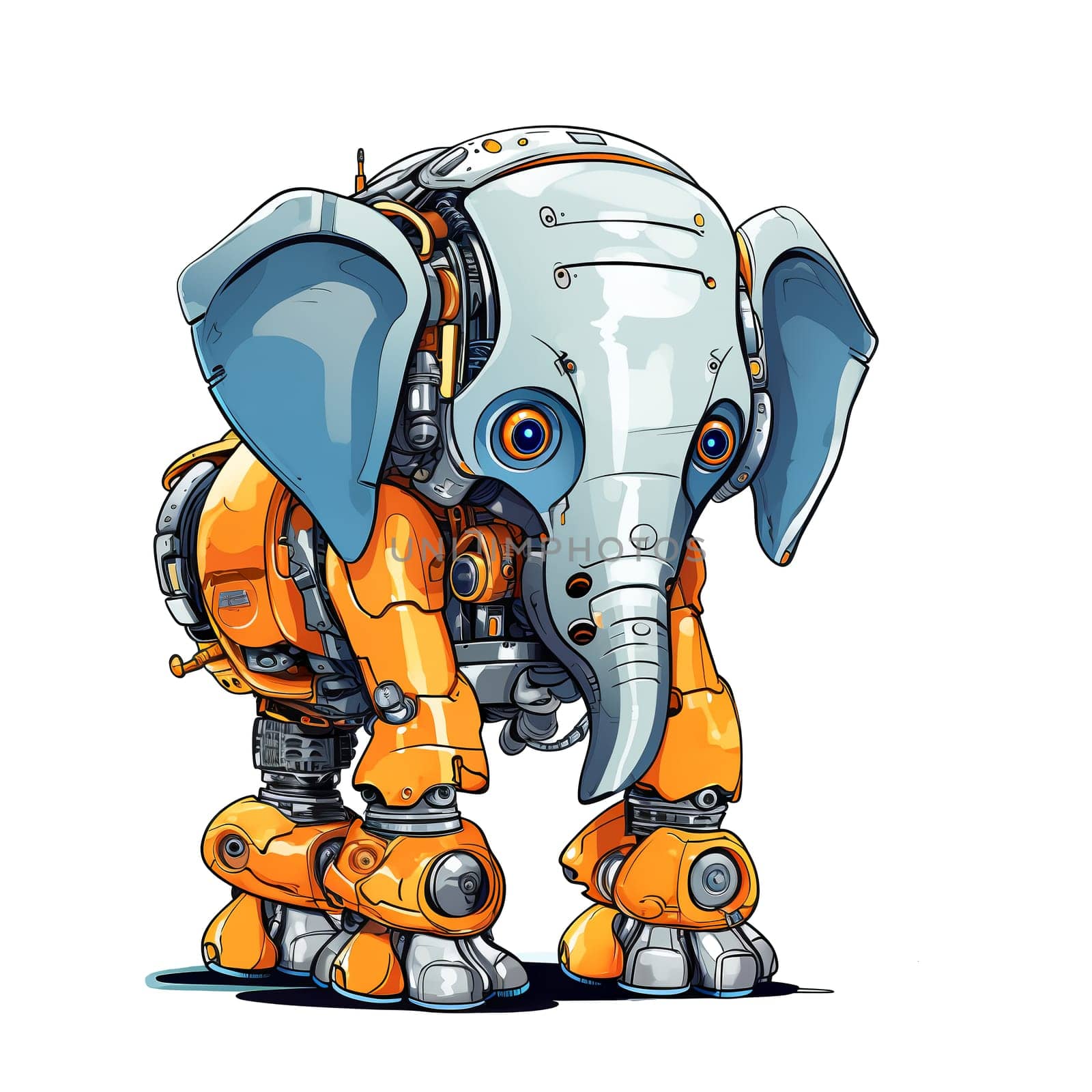 Cartoon elephant robots. T-Shirt, Sticker. Funny cyborg. 