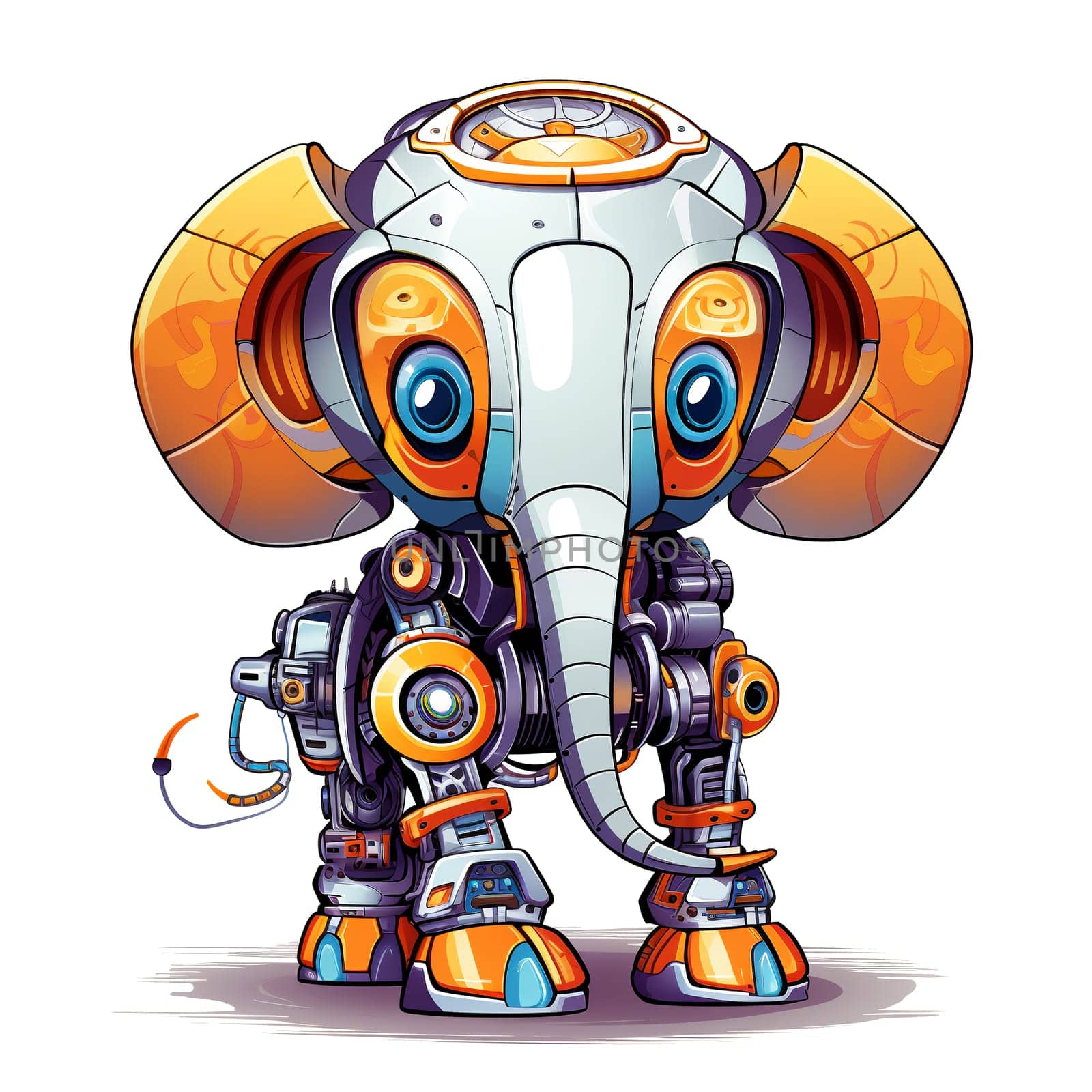 Cartoon elephant robots. T-Shirt, Sticker. Funny cyborg. AI Generated by AndreyKENO