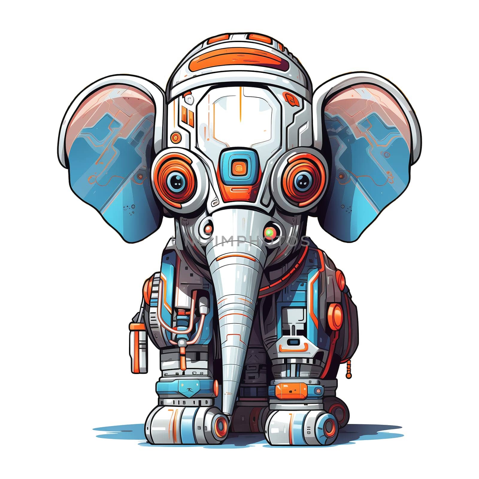 Cartoon elephant robots. T-Shirt, Sticker. Funny cyborg. 