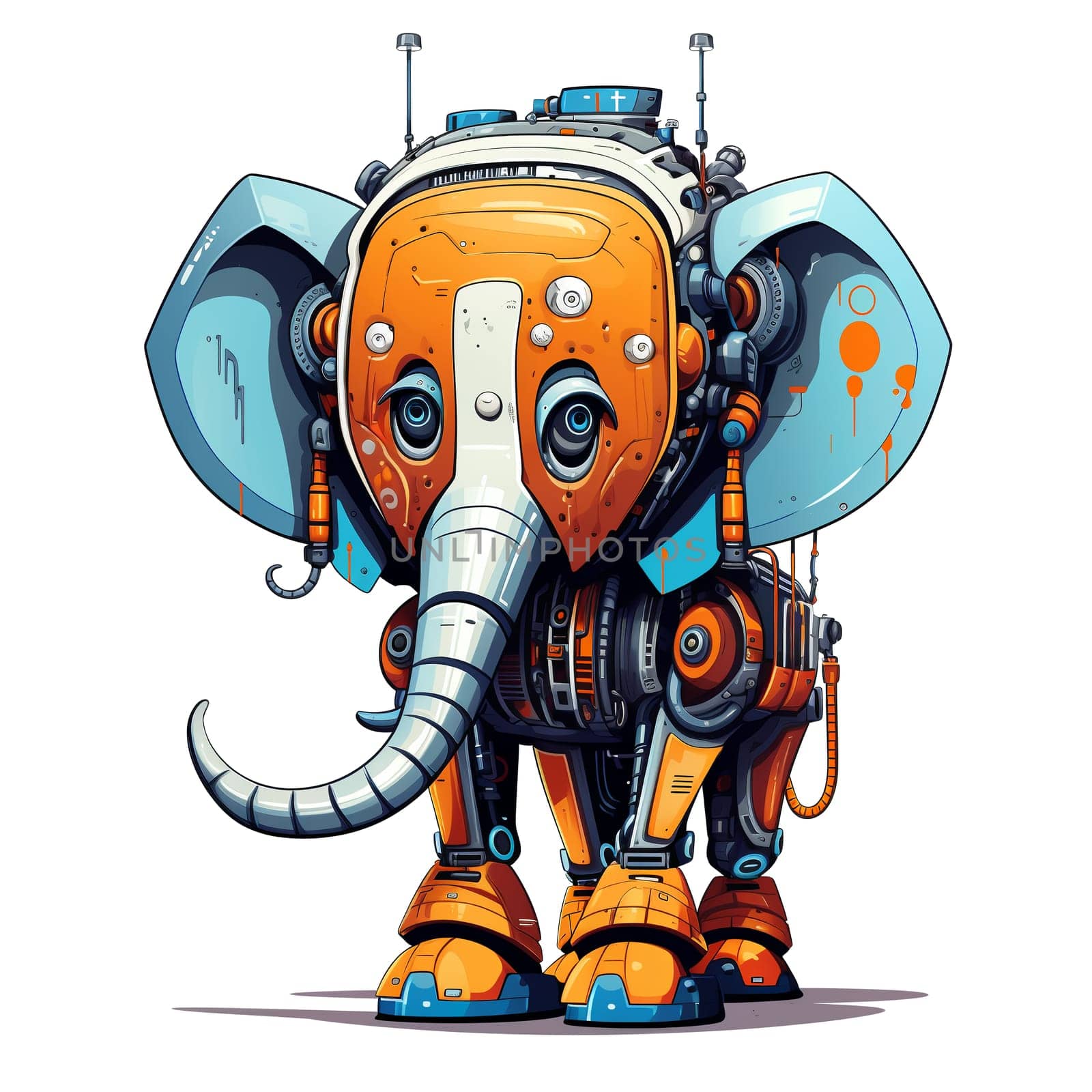 Cartoon elephant robots. T-Shirt, Sticker. Funny cyborg. 