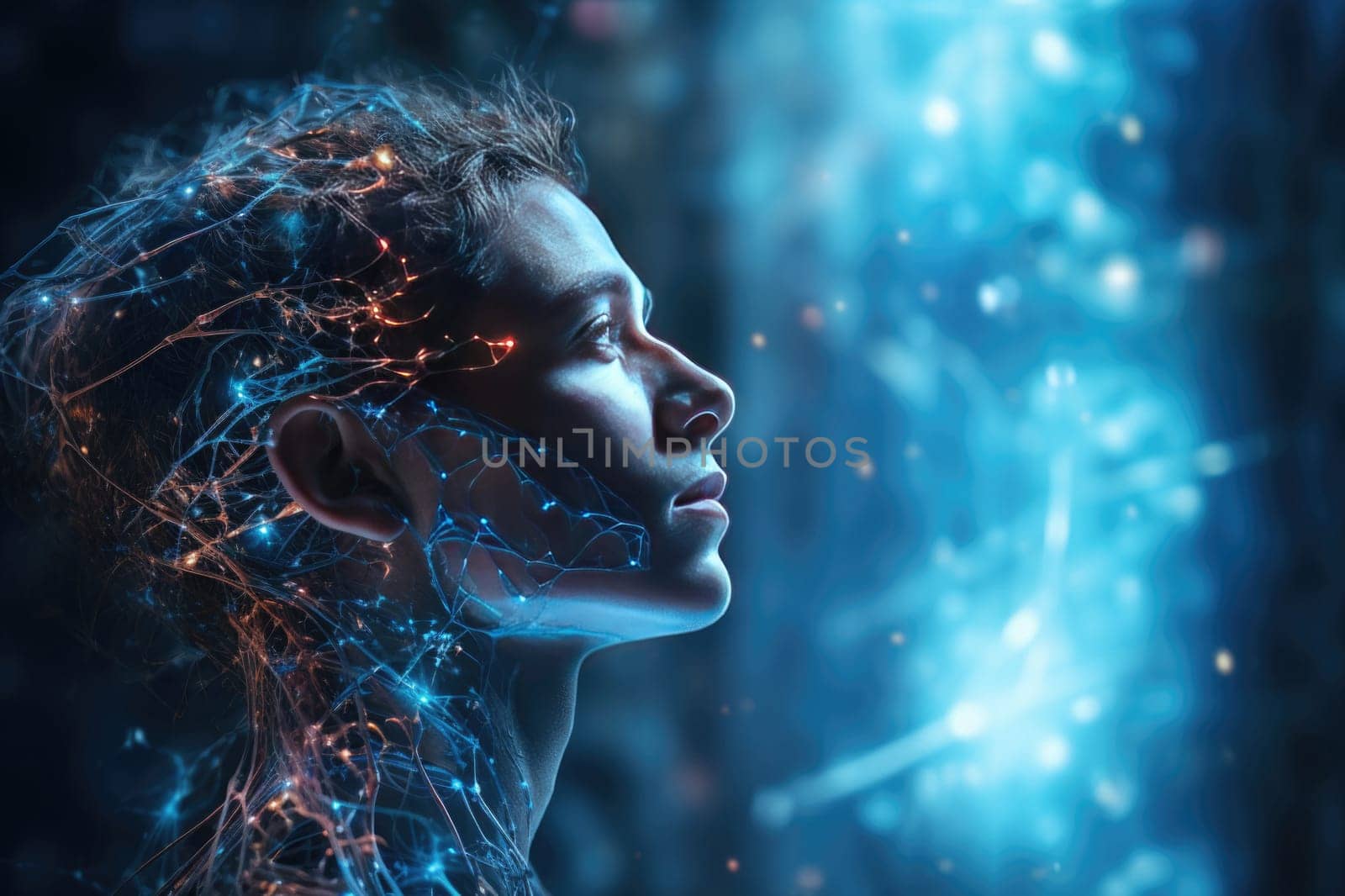 The man is riddled with neural connections. Artificial intelligence and human concept. Future technologies. Generated by artificial intelligence by Vovmar