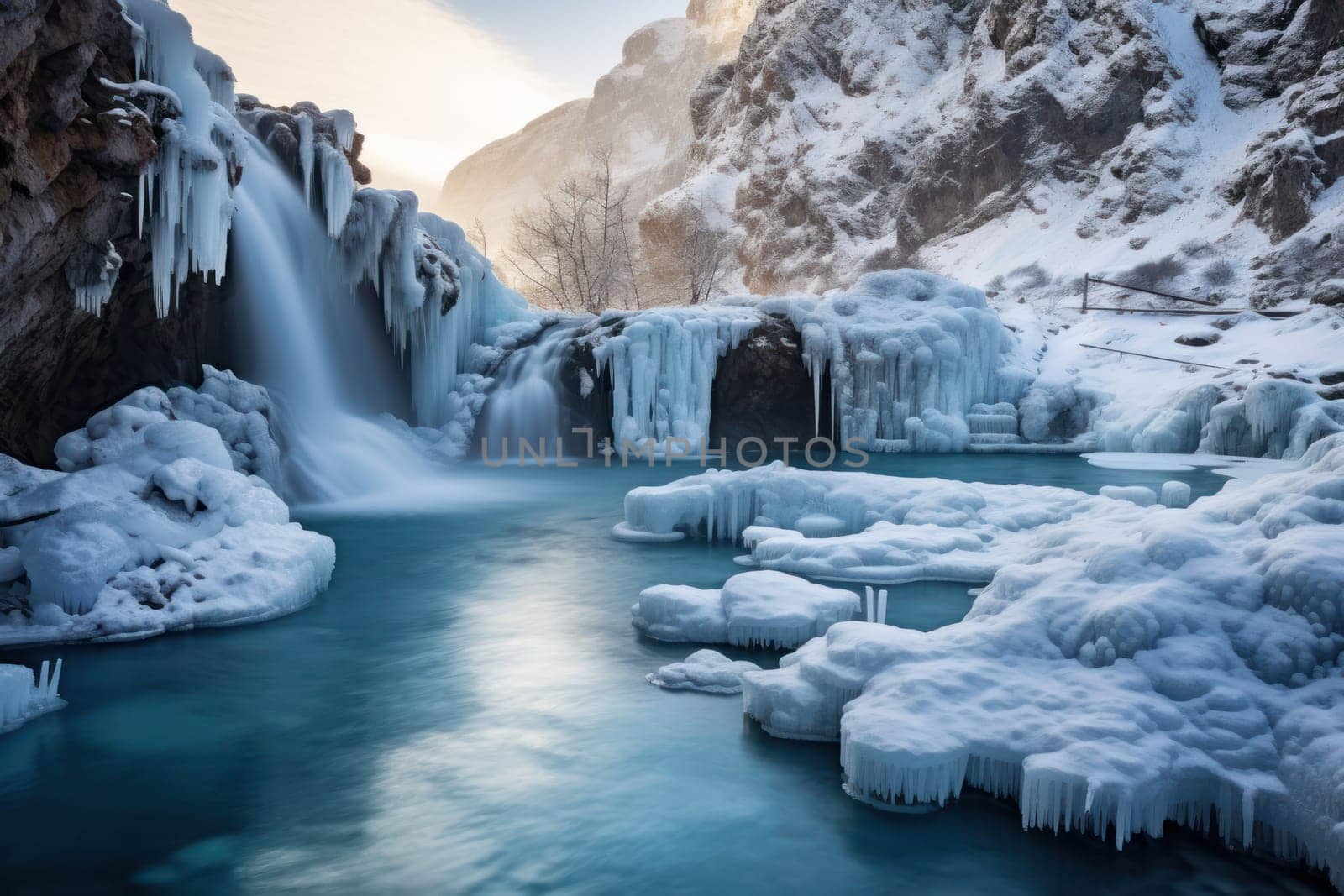 A mesmerizing display of the winter landscape, focusing on the distinctive and captivating frozen waterfalls found in chilly regions.