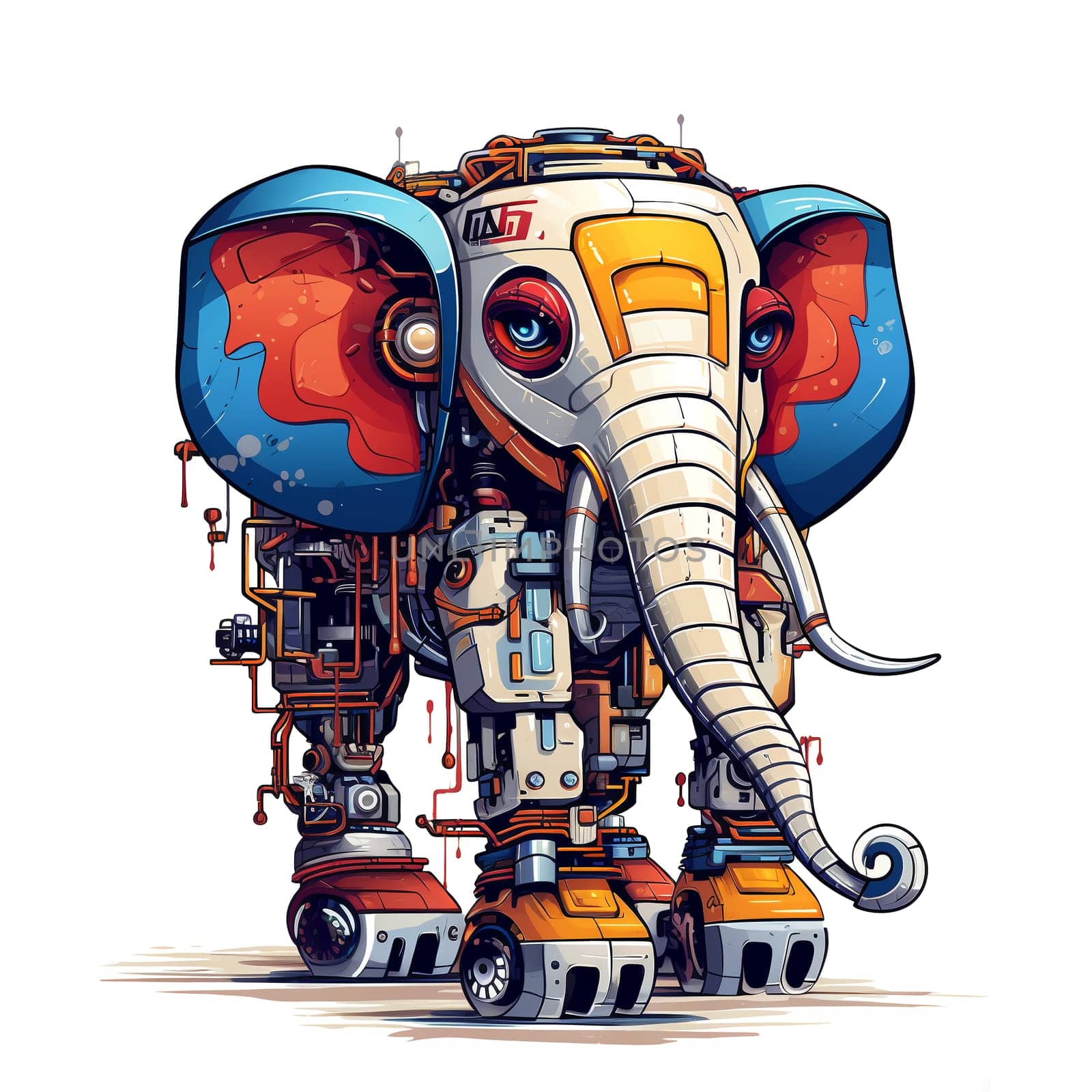 Cartoon elephant robots. T-Shirt, Sticker. Funny cyborg. AI Generated by AndreyKENO