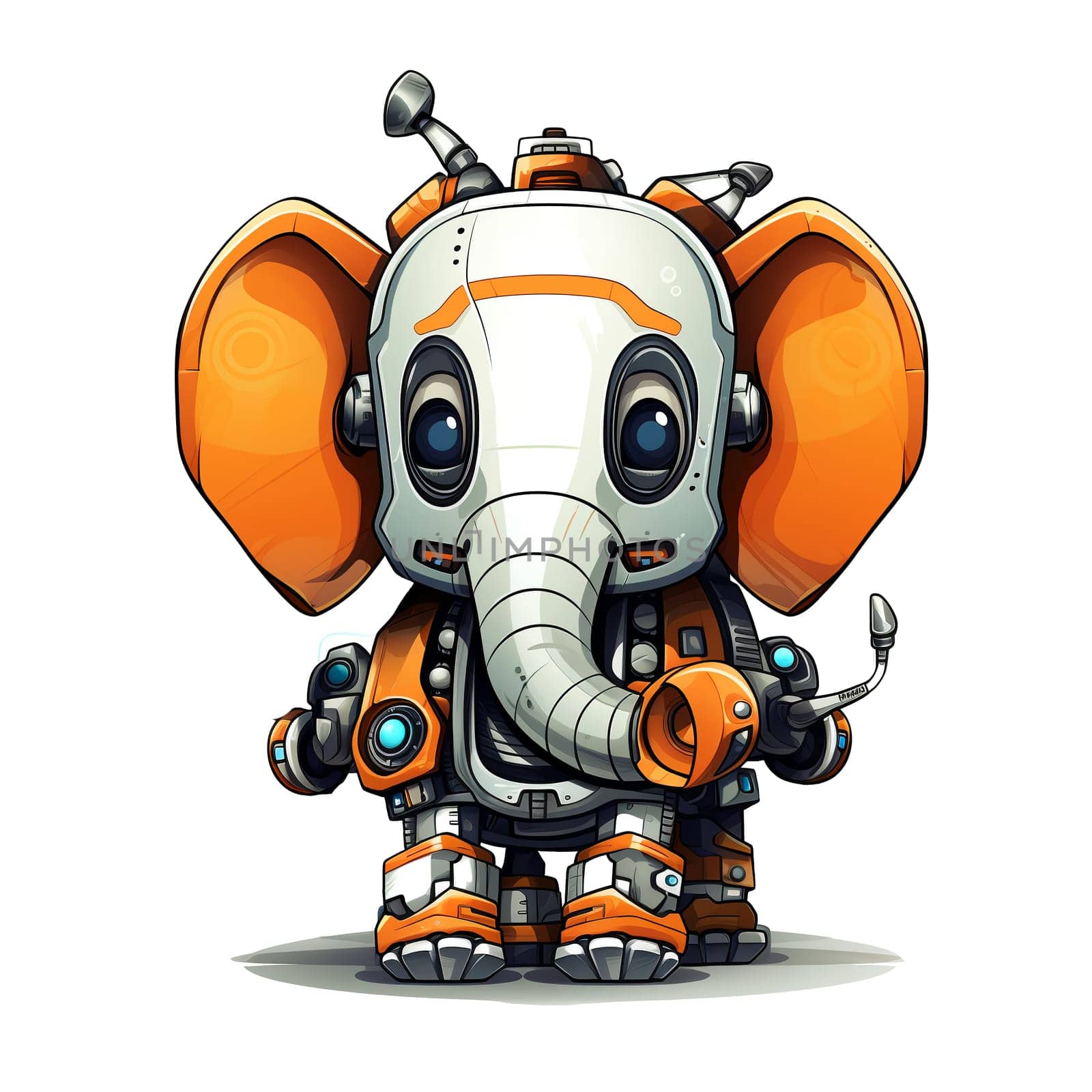 Cartoon elephant robots. T-Shirt, Sticker. Funny cyborg. 