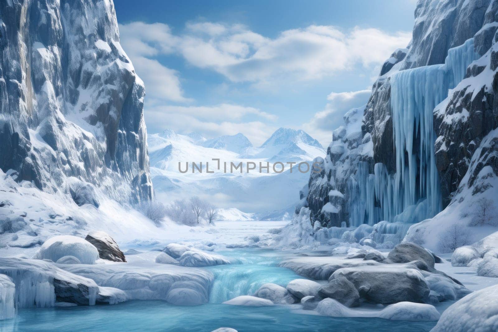 A mesmerizing display of the winter landscape, focusing on the distinctive and captivating frozen waterfalls found in chilly regions.