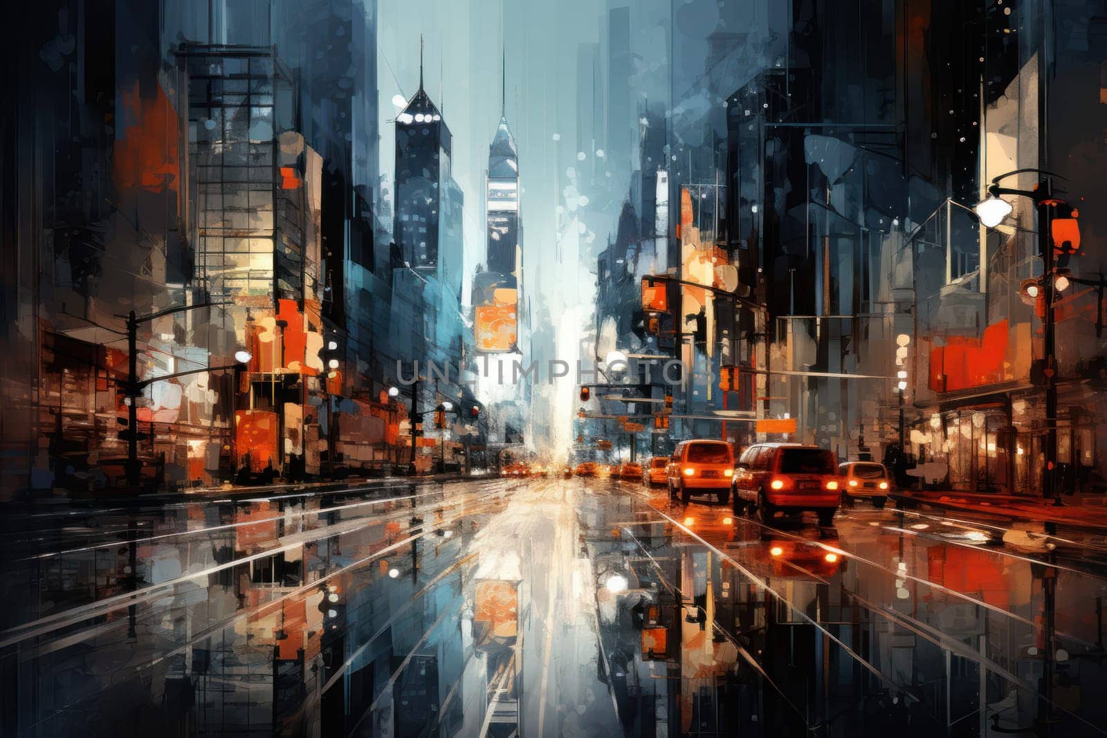 An evocative representation of urban life during winter, focusing on the enchanting vistas of city streets, buildings blanketed in snow, and the warm radiance of streetlights.