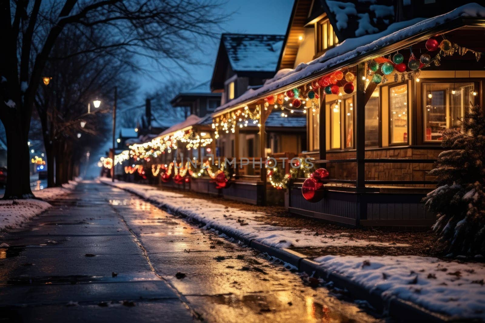 An enchanting portrayal of the holiday season, featuring the dazzling brilliance of Christmas lights, ornaments, and festive adornments that transform towns and neighborhoods into magical wonderlands.