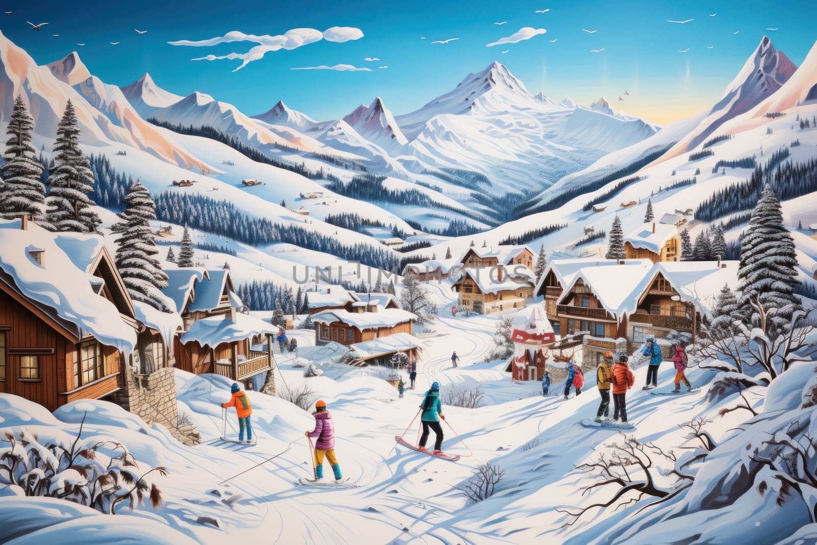 A dynamic portrayal of the winter wonderland at ski resorts, capturing the exhilaration and scenic beauty.