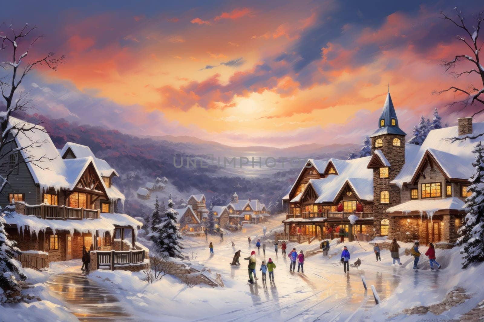 A dynamic portrayal of the winter wonderland at ski resorts, capturing the exhilaration and scenic beauty.