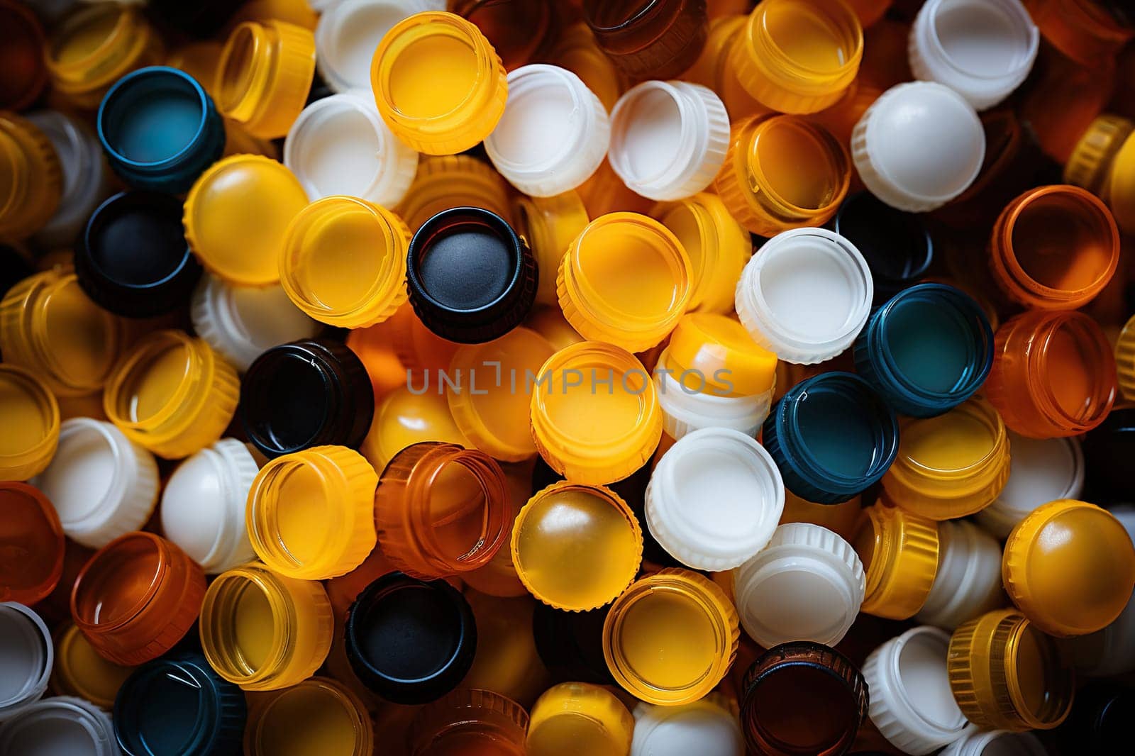 Plastic bottle caps, waste collected for recycling. Environmental protection concept.