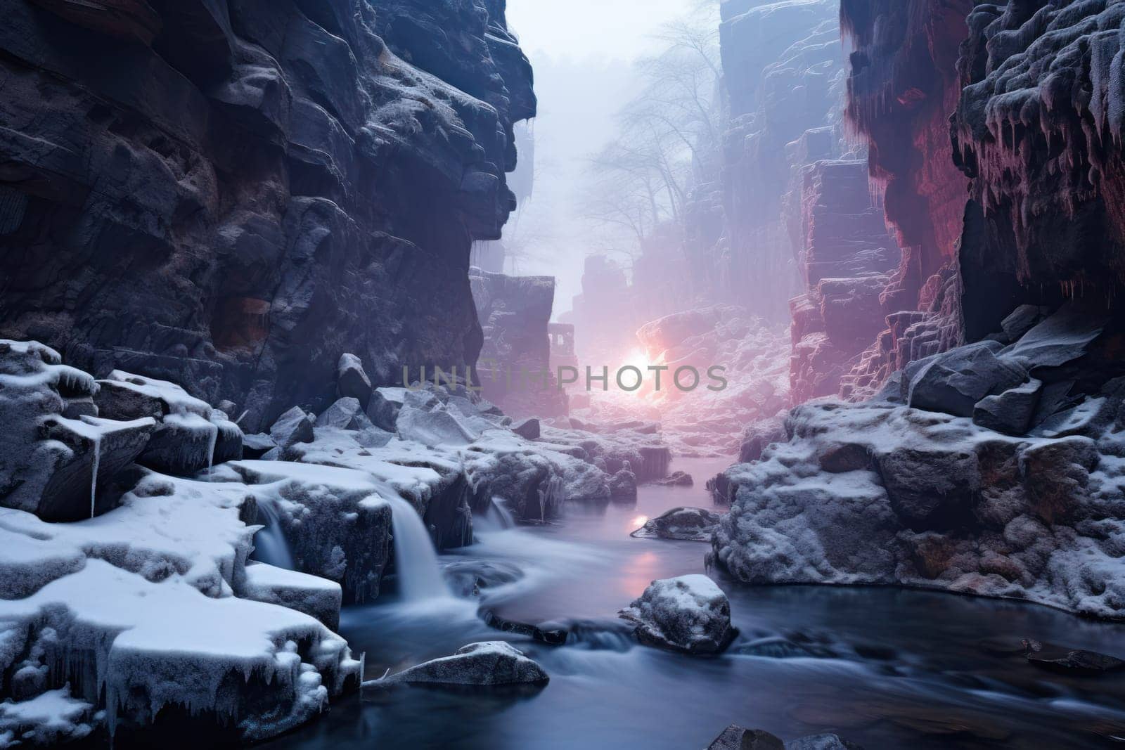 A mesmerizing display of the winter landscape, focusing on the distinctive and captivating frozen waterfalls found in chilly regions.